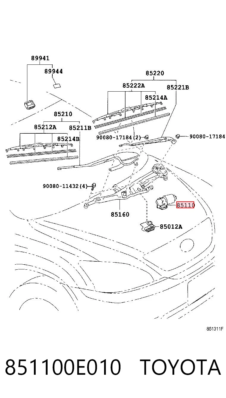 851100E010 Toyota Мотор стеклоочистителя передний
