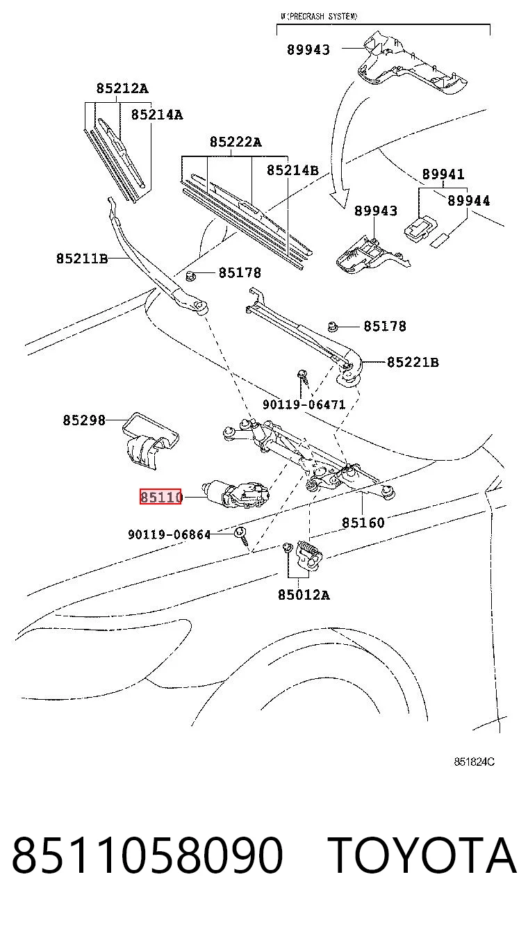 8511058090 Toyota Мотор стеклоочистителя передний