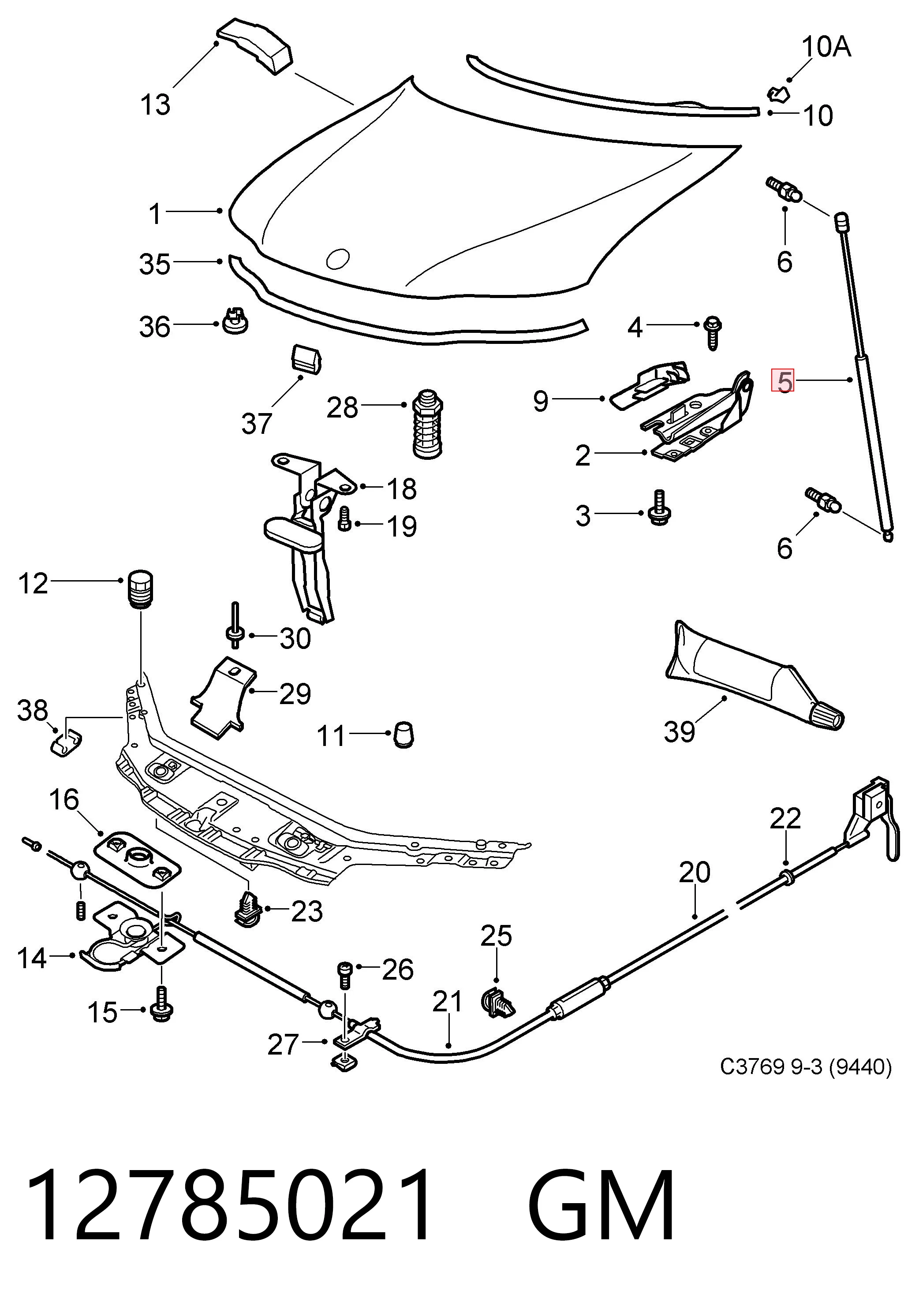 Стойка капота на Saab 9-3  YS3F