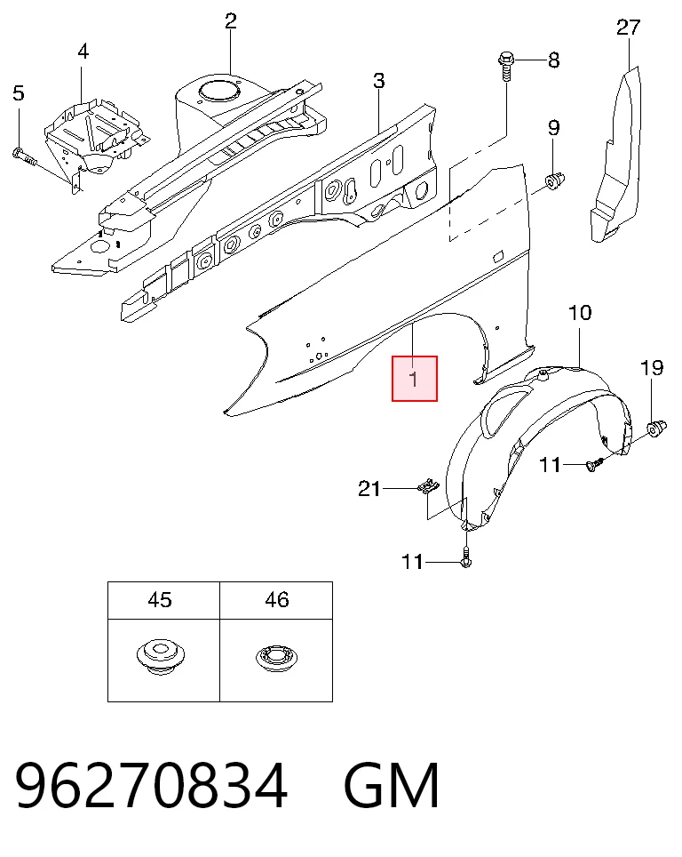 Переднее левое крыло на Daewoo Nubira I J10, J15