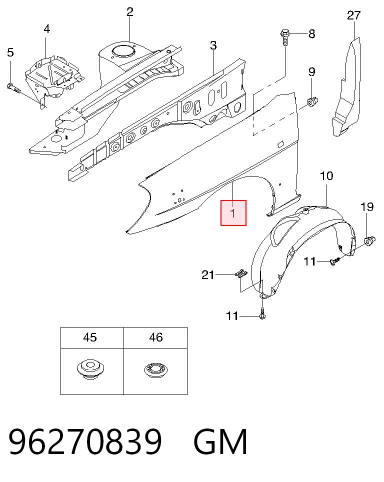 Переднее правое крыло на Daewoo Nubira I J10, J15