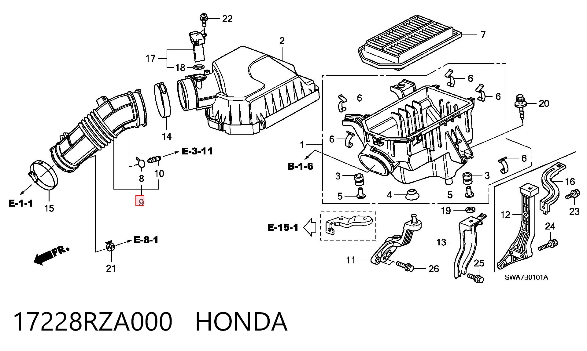 17228RZA000 Honda Патрубок воздушный, выход воздушного фильтра