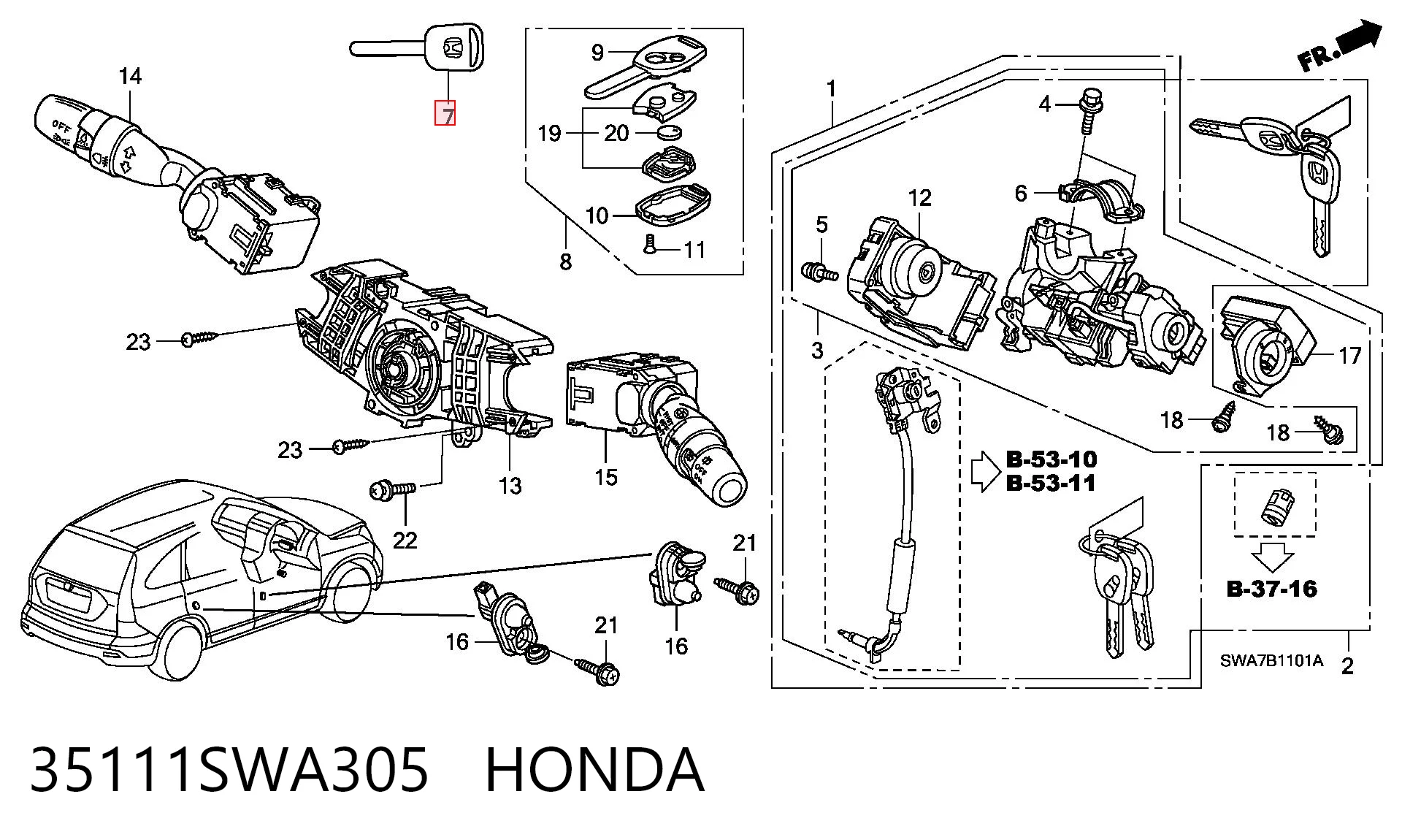 35111SWA305 Honda Ключ-заготовка