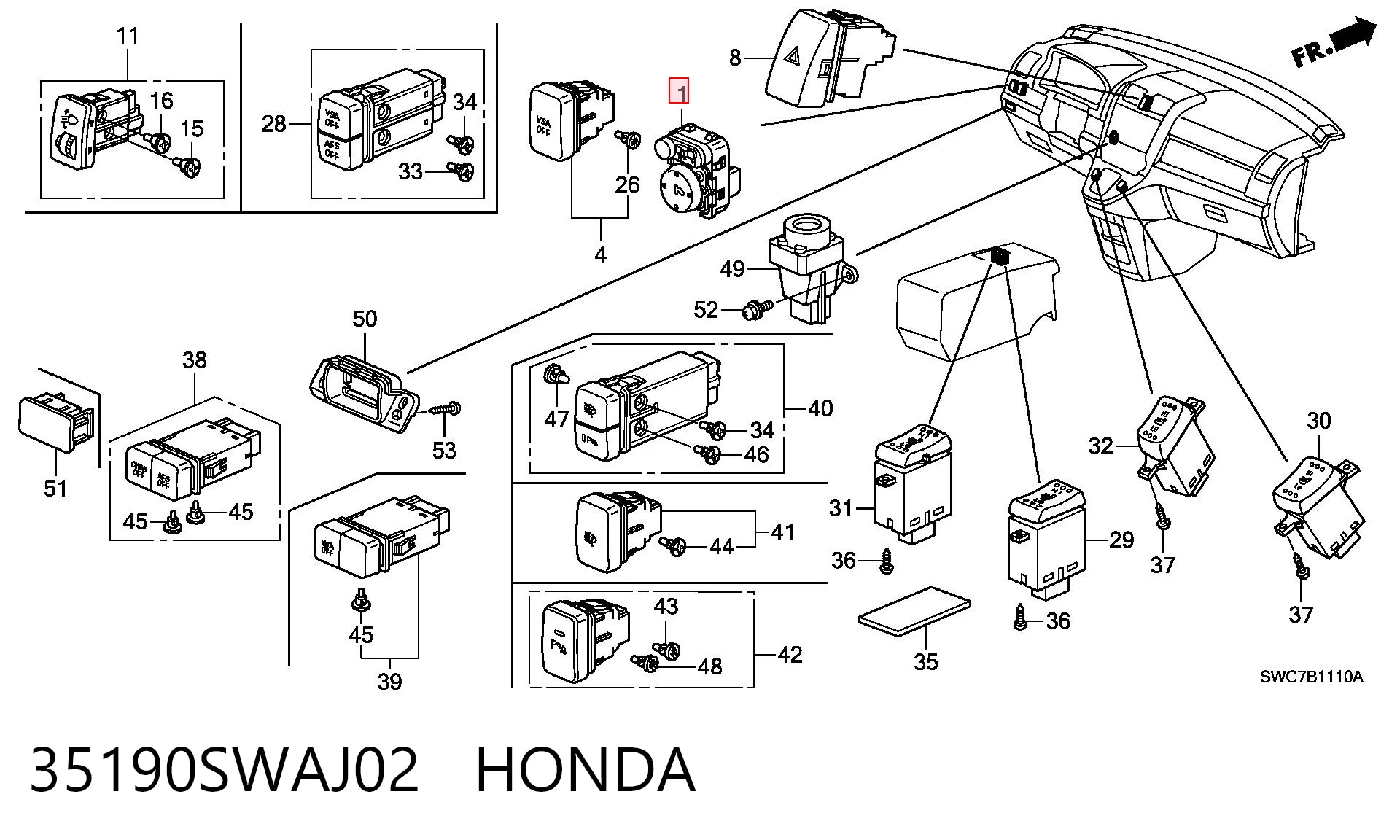 35190SWAJ02 Honda Блок управления зеркалами заднего вида, на торпедо