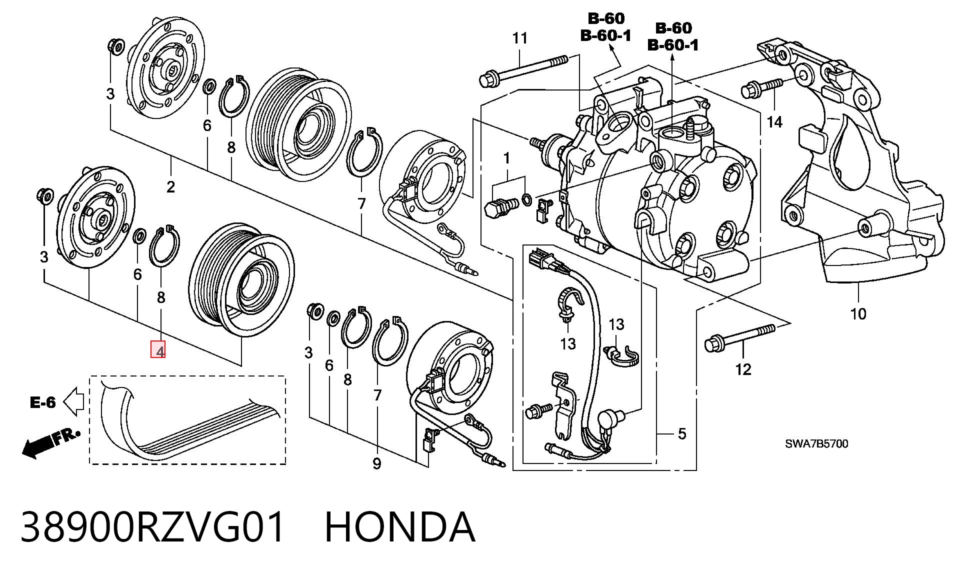 38900RZVG01 Honda Шкив компрессора кондиционера