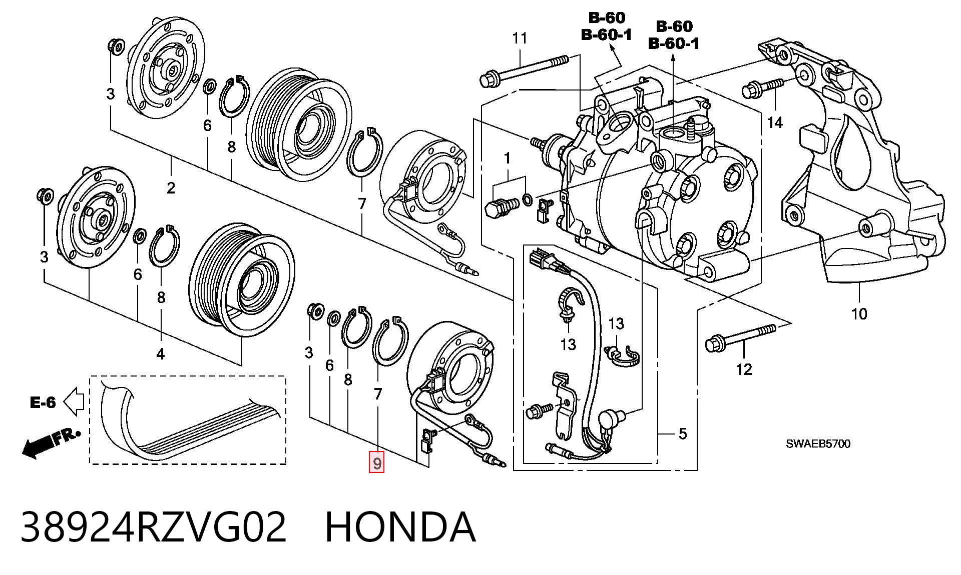 38924RZVG02 Honda Магнитная муфта компрессора кондиционера
