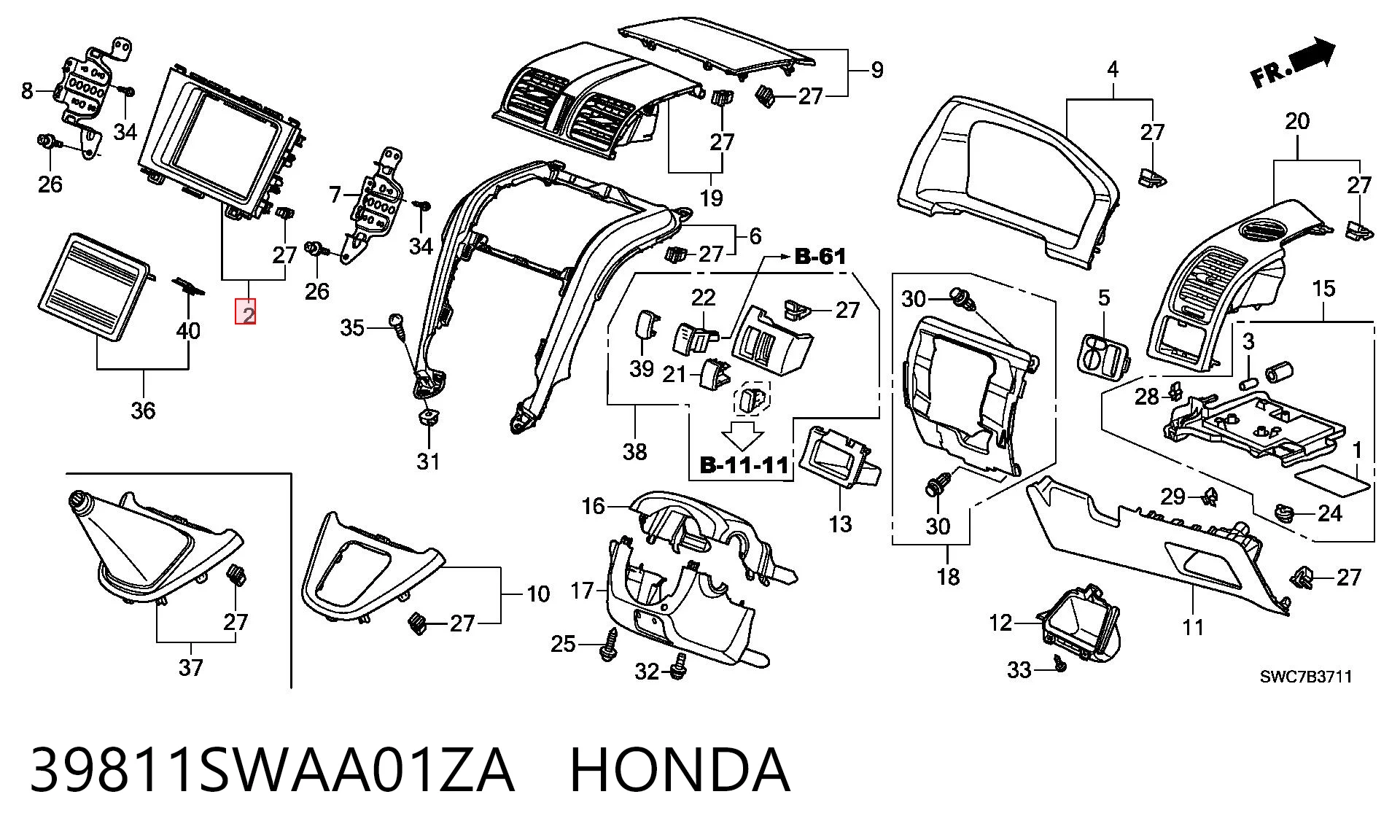 39811SWAA01ZA Honda Молдинг (накладка) приборной панели "торпедо" центральный