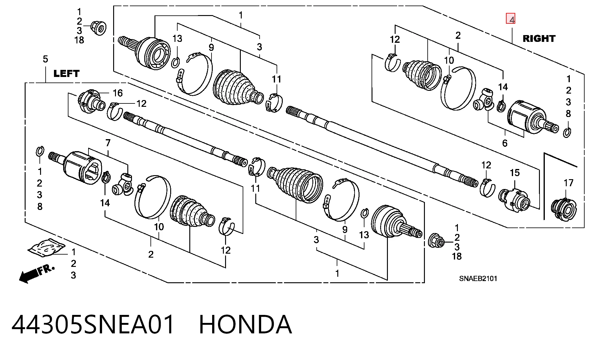 44305SNEA01 Honda Полуось передняя, правая