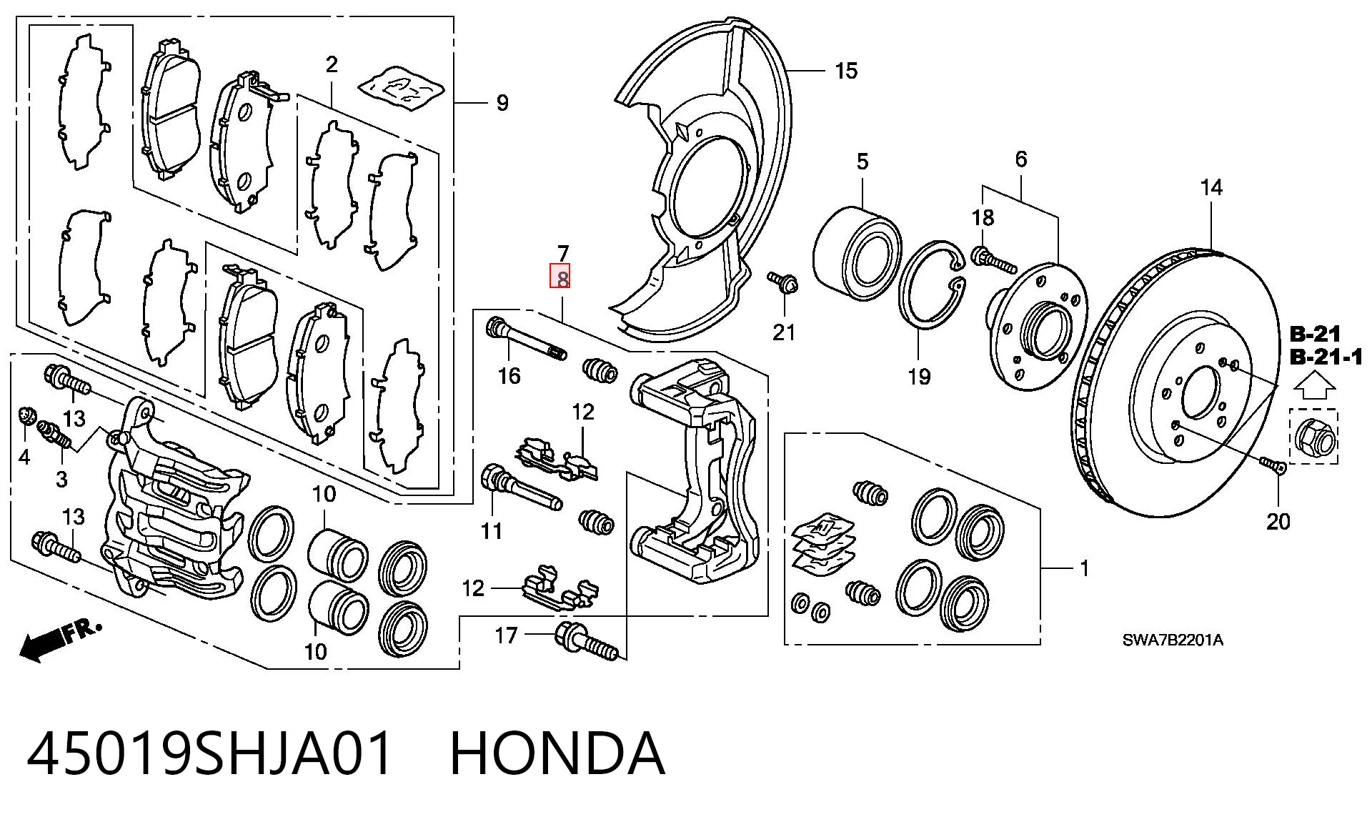 45019SHJA01 Honda Суппорт тормозной, передний, левый
