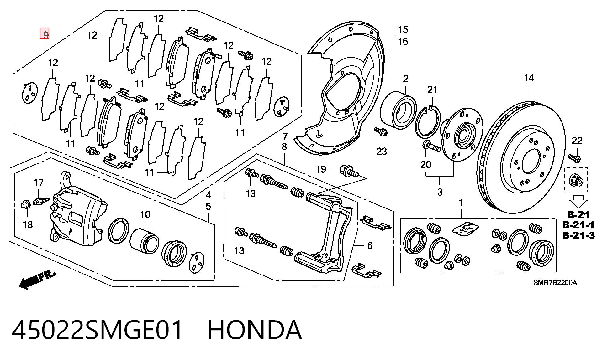 Колодки тормозные передние дисковые HONDA 45022SMGE01