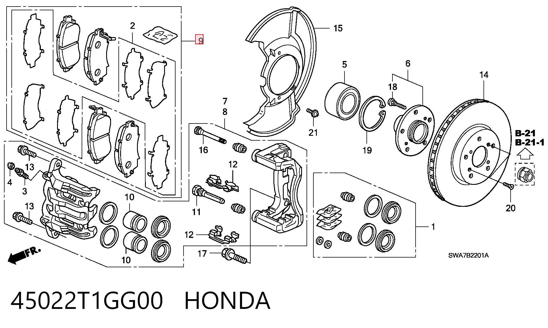 Колодки тормозные передние дисковые HONDA 45022T1GG00