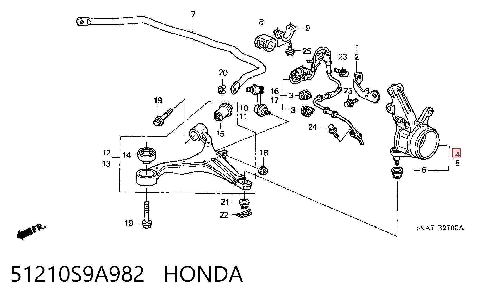 51210S9A982 Honda Цапфа - поворотный кулак передний, правый