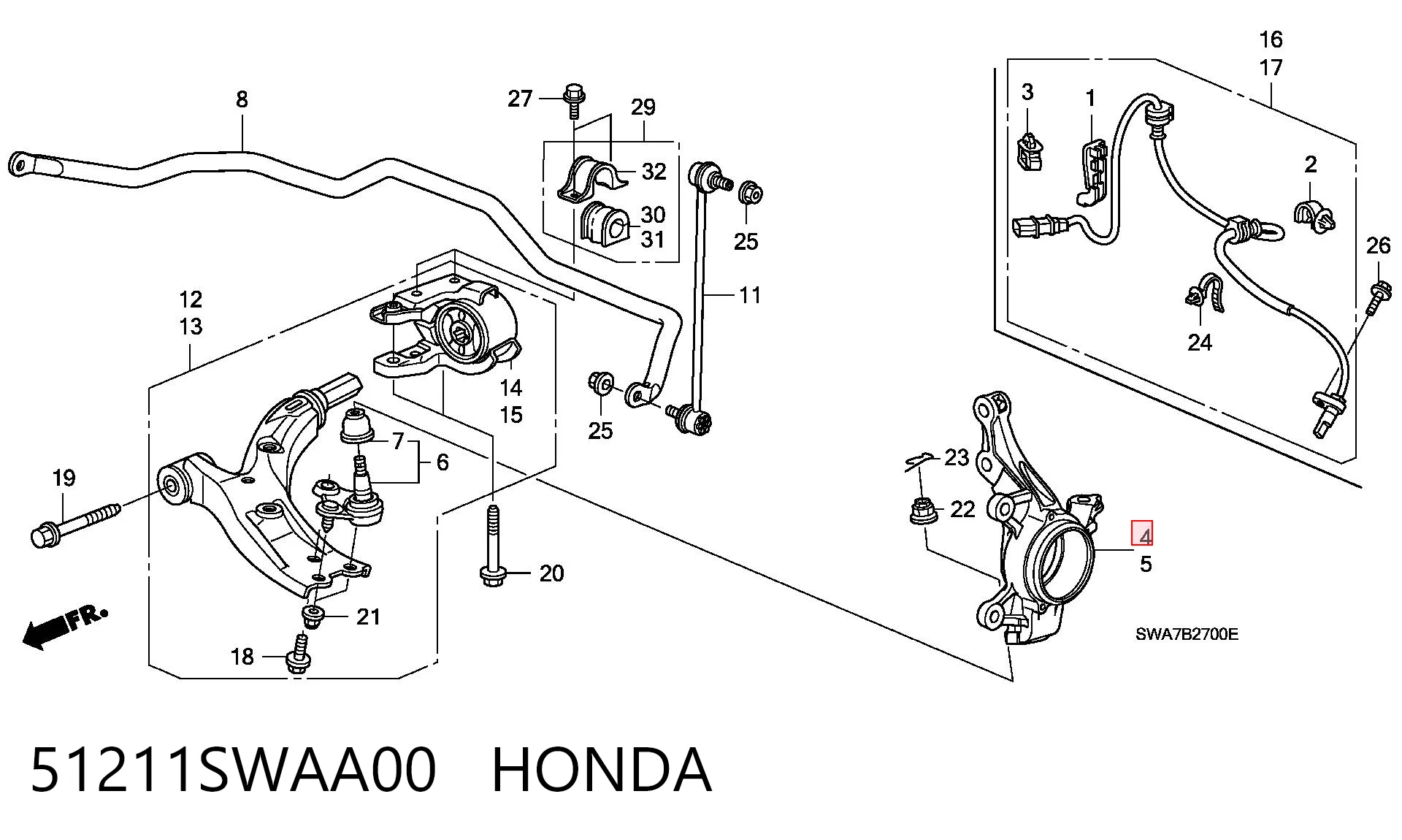 51211SWAA00 Honda Цапфа - поворотный кулак передний, правый