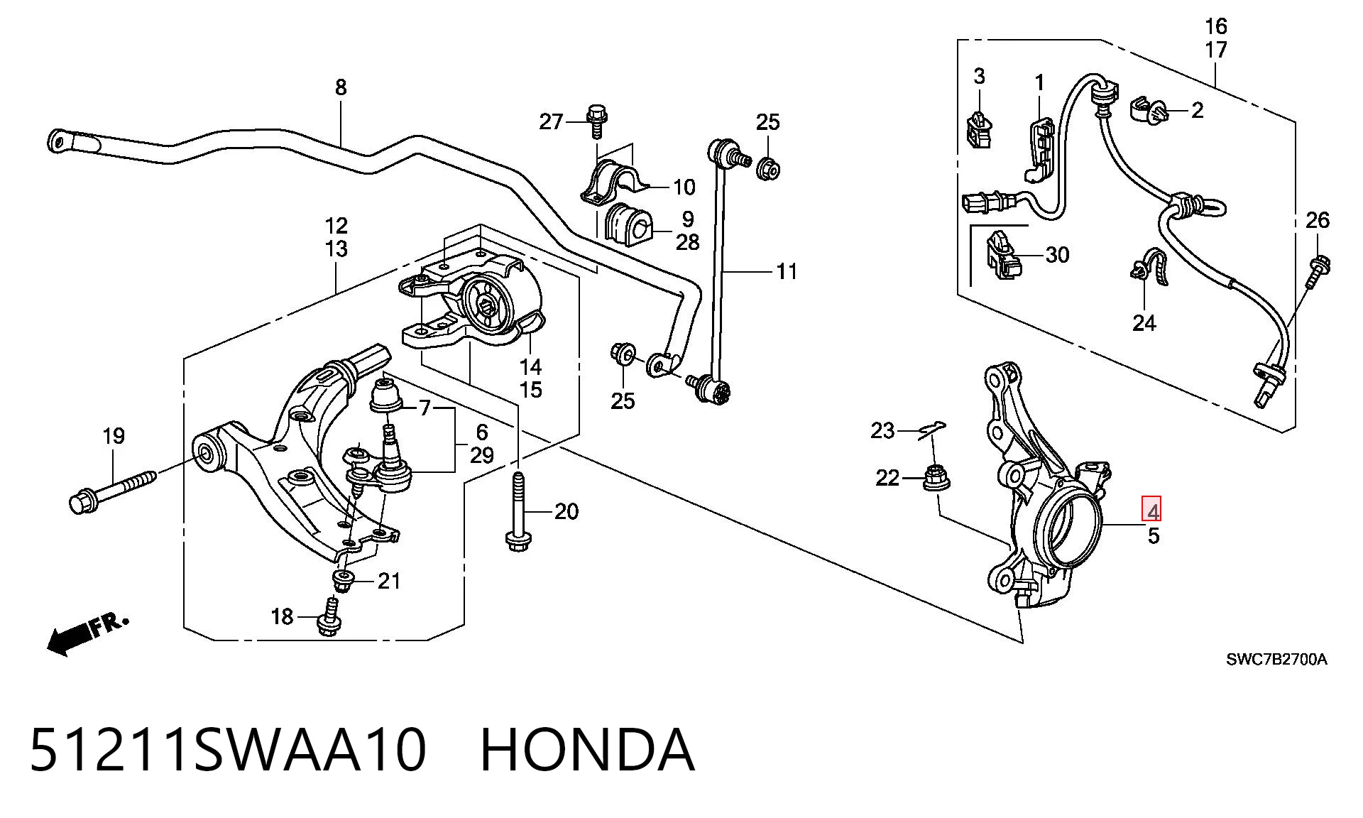 51211SWAA10 Honda Цапфа - поворотный кулак передний, правый