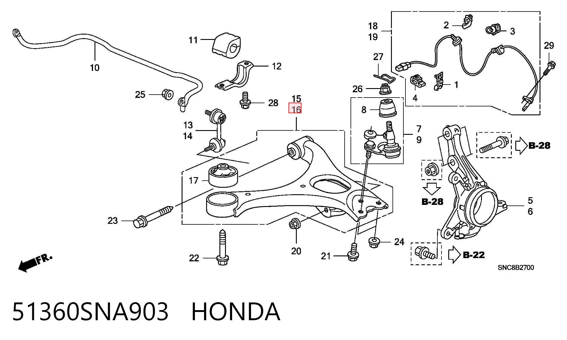 51360SNA903 Honda Рычаг передней подвески нижний левый
