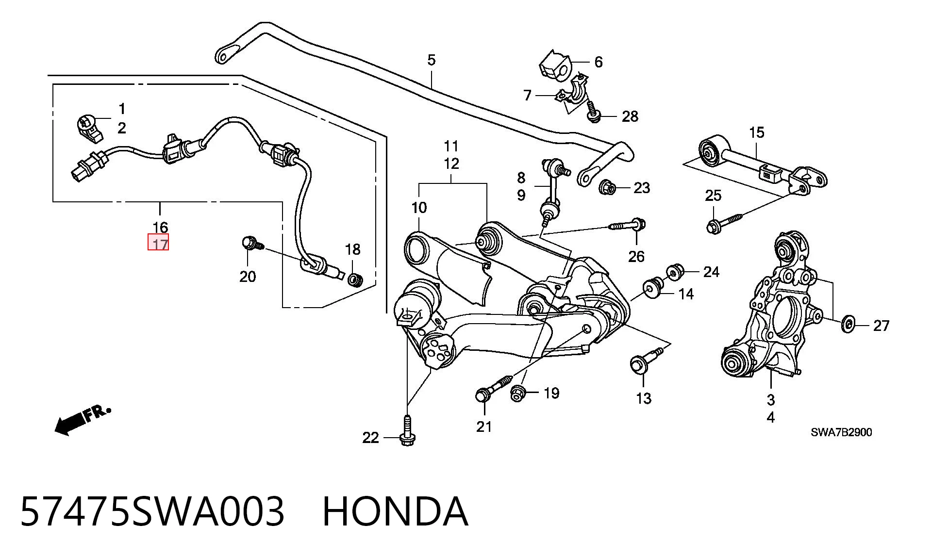 57475SWA003 Honda Задний левый датчик АБС