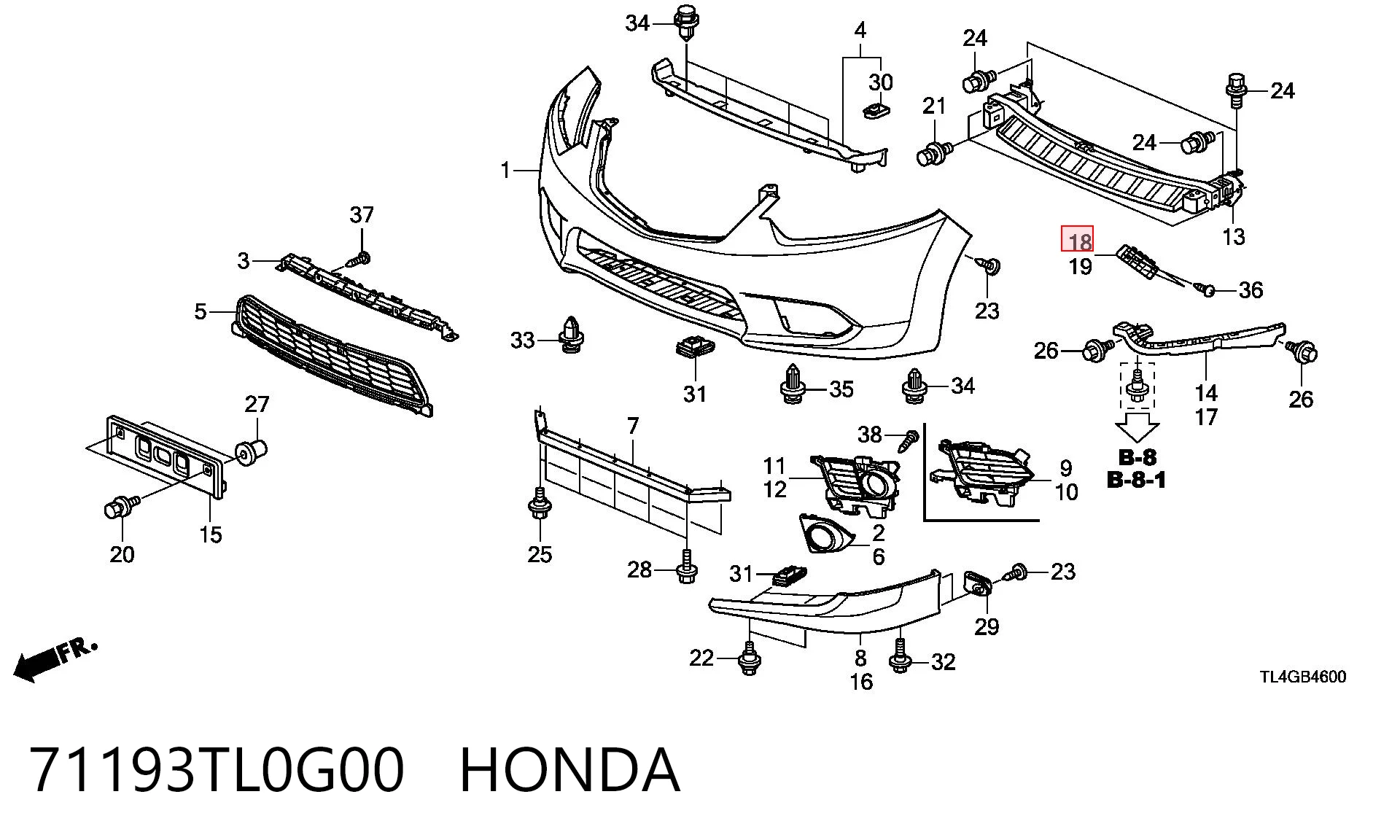 71193TL0G00 Honda Направляющая переднего бампера правая