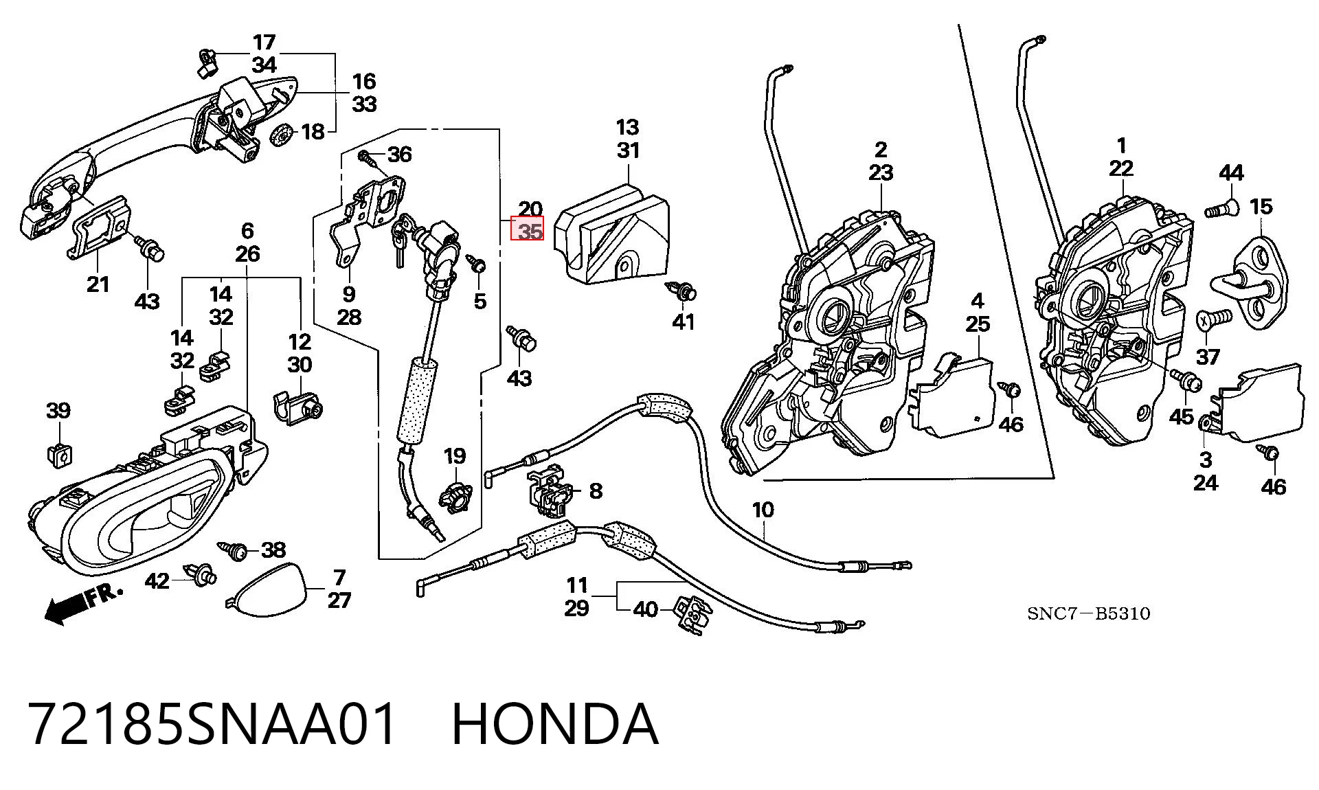 72185SNAA01 Honda Личинка замка двери передней, левой