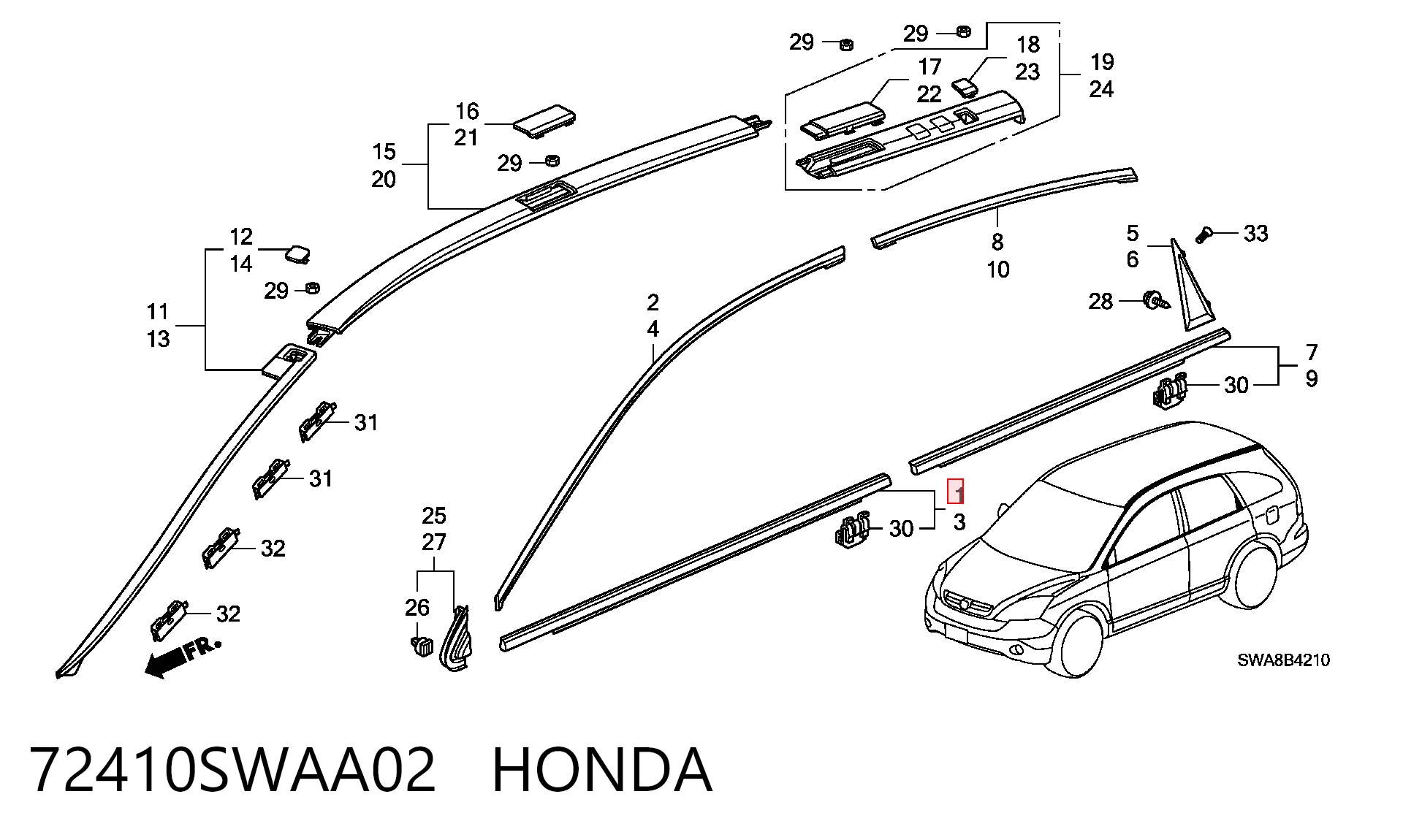 72410SWAA02 Honda Молдинг опускного стекла нижний, двери передней, правой