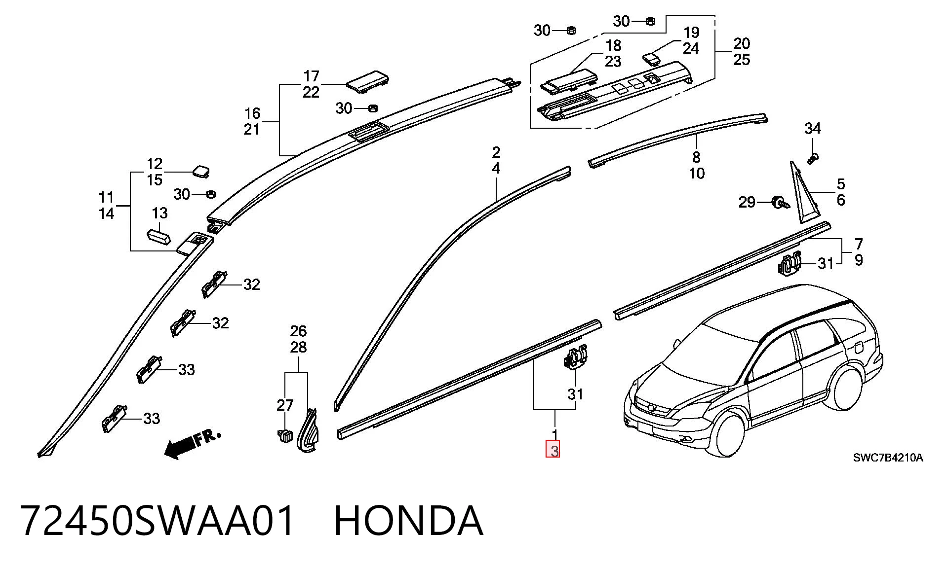 72450SWAA01 Honda Молдинг опускного стекла двери передней, левой