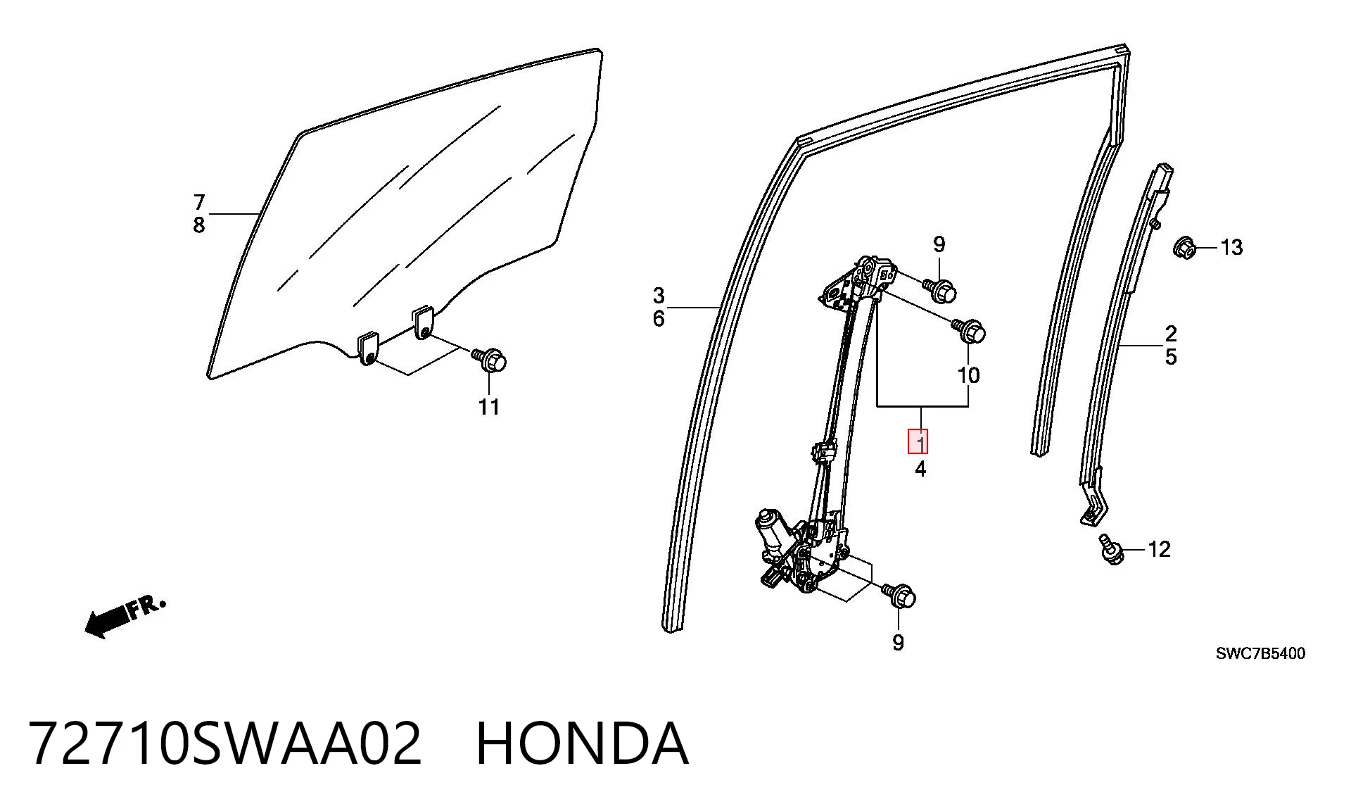 72710SWAA02 Honda  Механизм стеклоподъемника правой задней двери