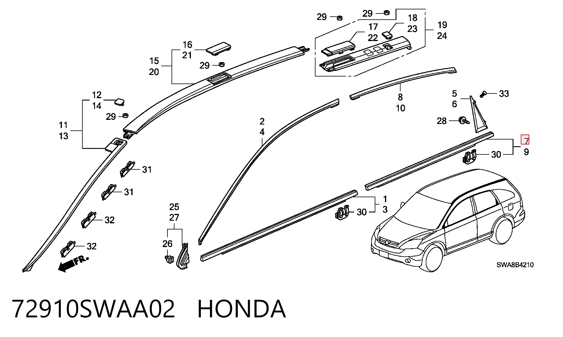 72910SWAA02 Honda Молдинг опускного стекла нижний, двери задней, правой