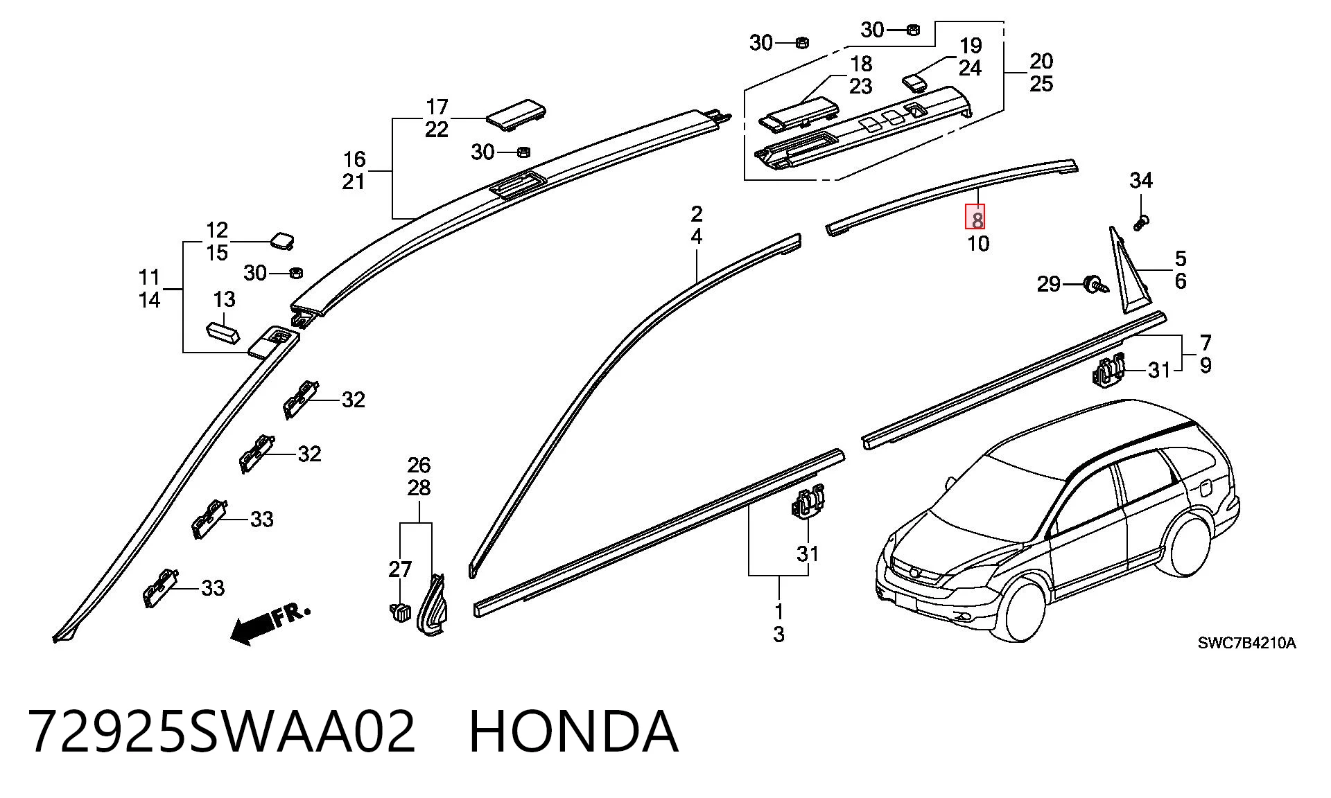 72925SWAA02 Honda Молдинг задней правой двери, верхний