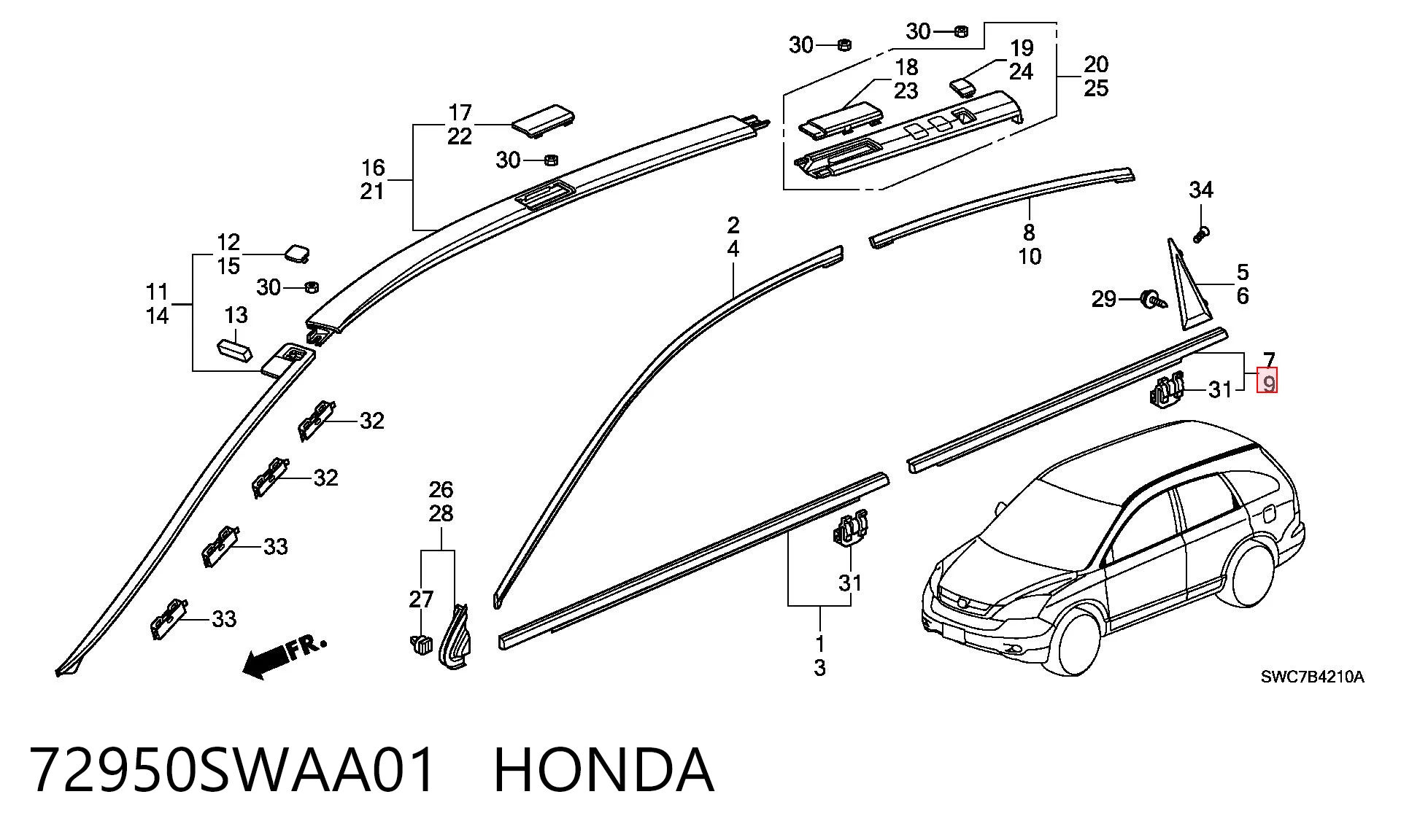 72950SWAA01 Honda Молдинг опускного стекла нижний, двери задней, левой