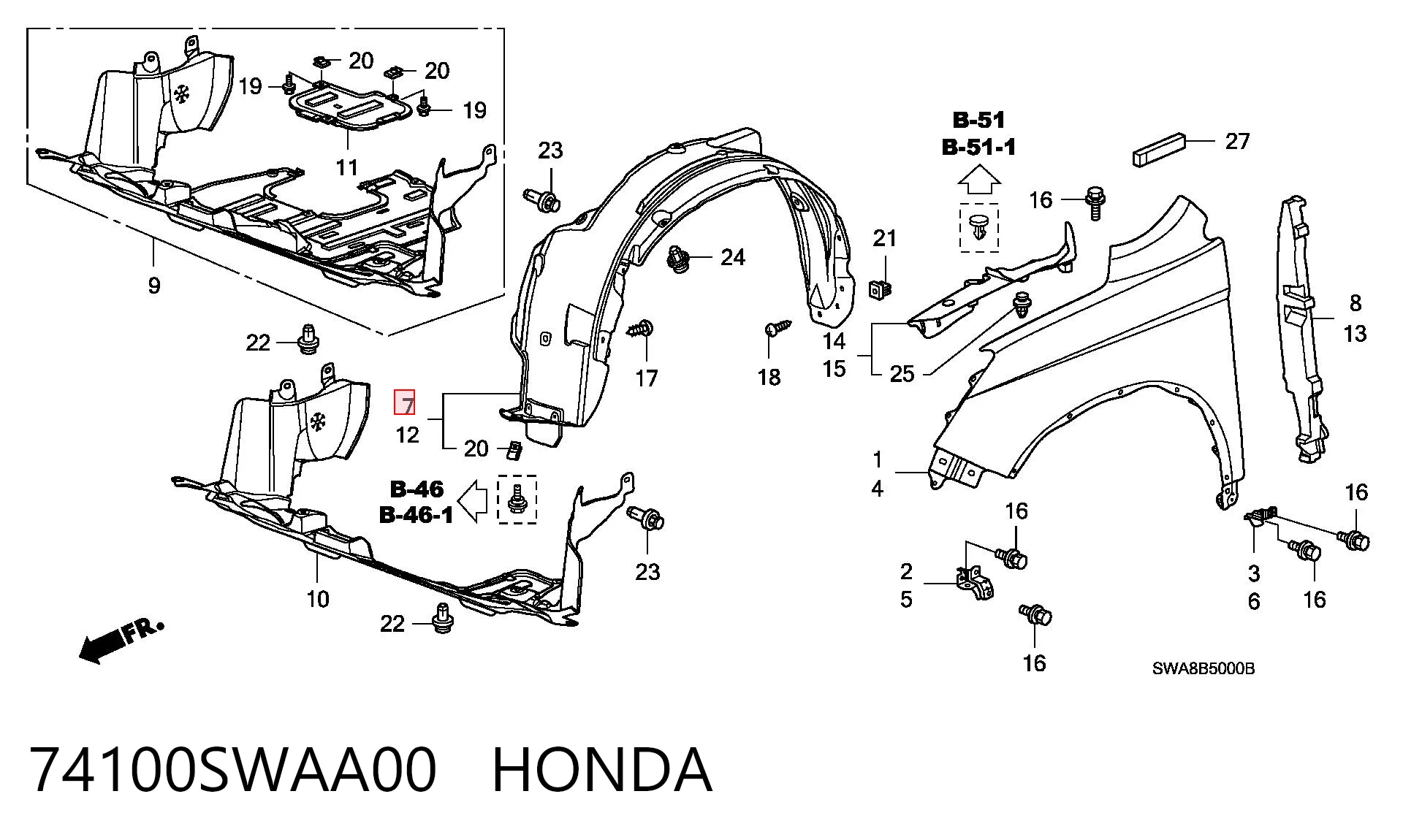 74100SWAA00 Honda Подкрыльник переднего крыла, правый