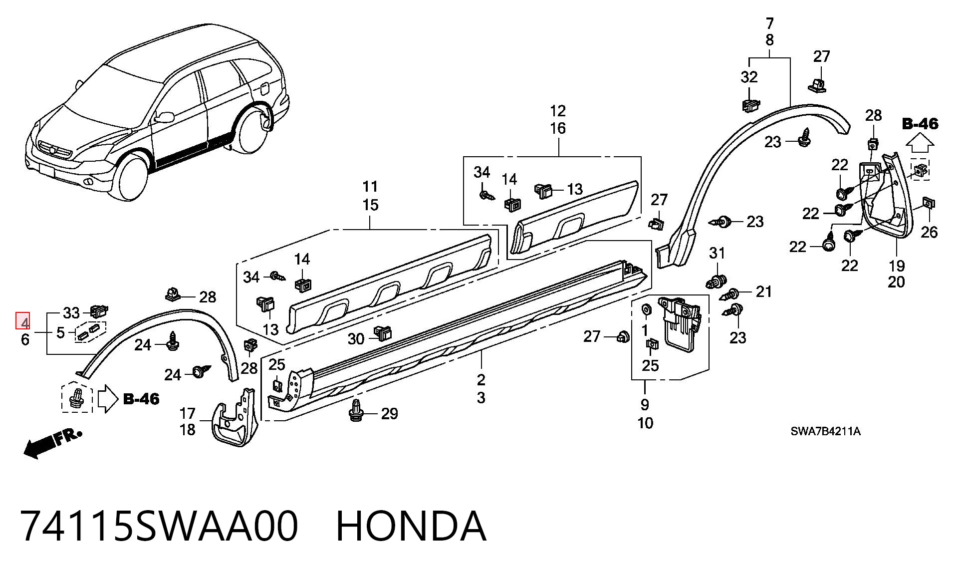 74115SWAA00 Honda Расширитель переднего крыла, правый
