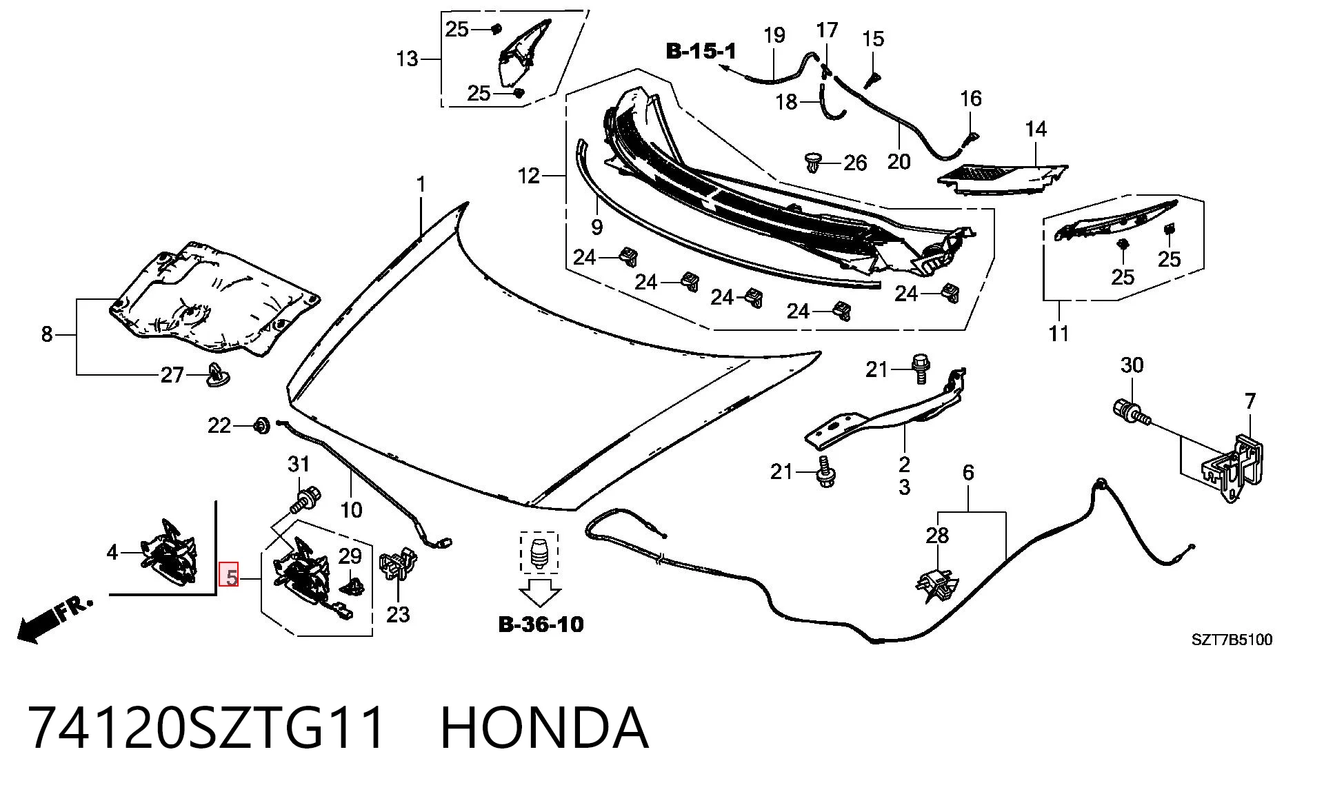 74120SZTG11 Honda Запор капота (замок и привод замка капота)