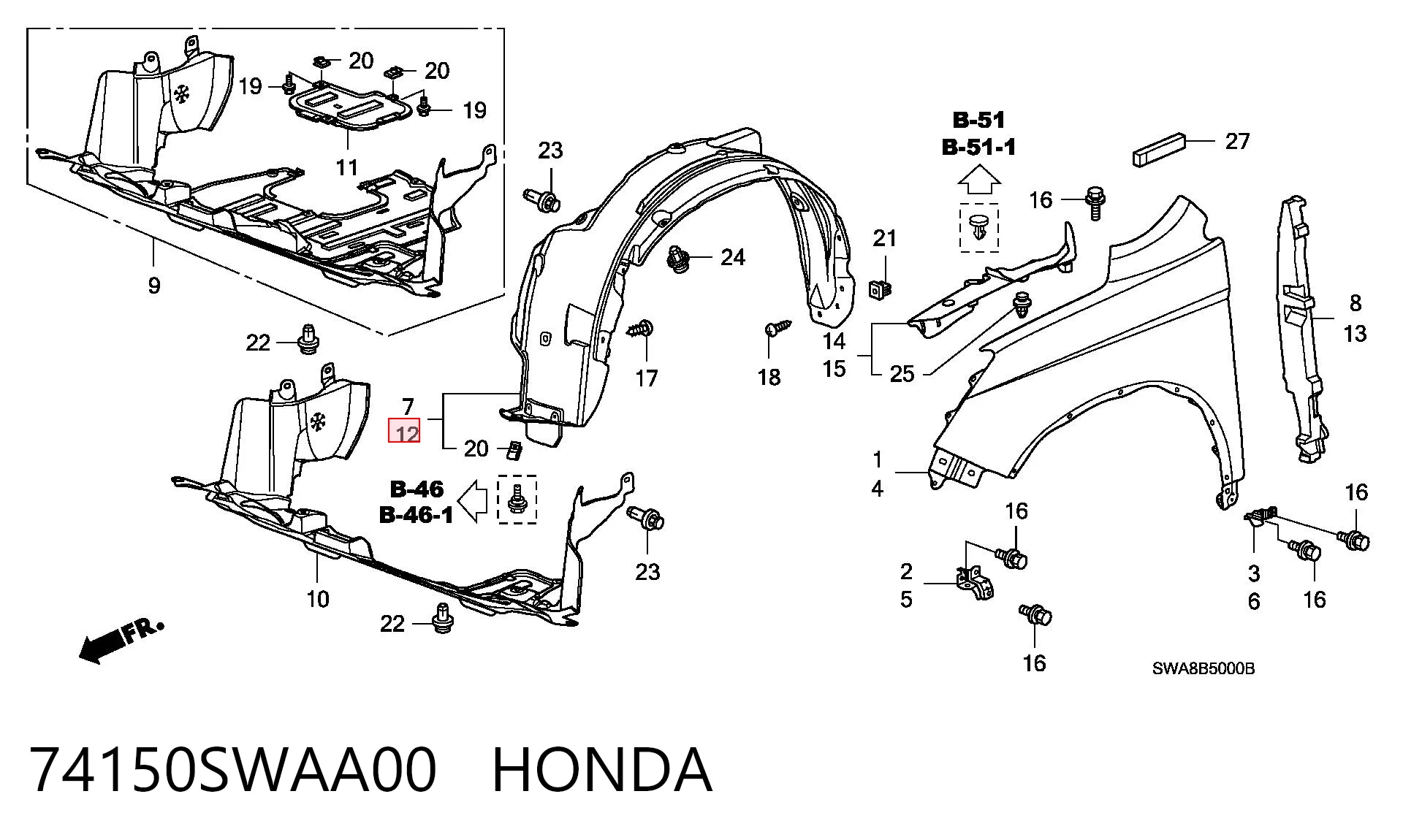 74150SWAA00 Honda Подкрылок крыла переднего левый