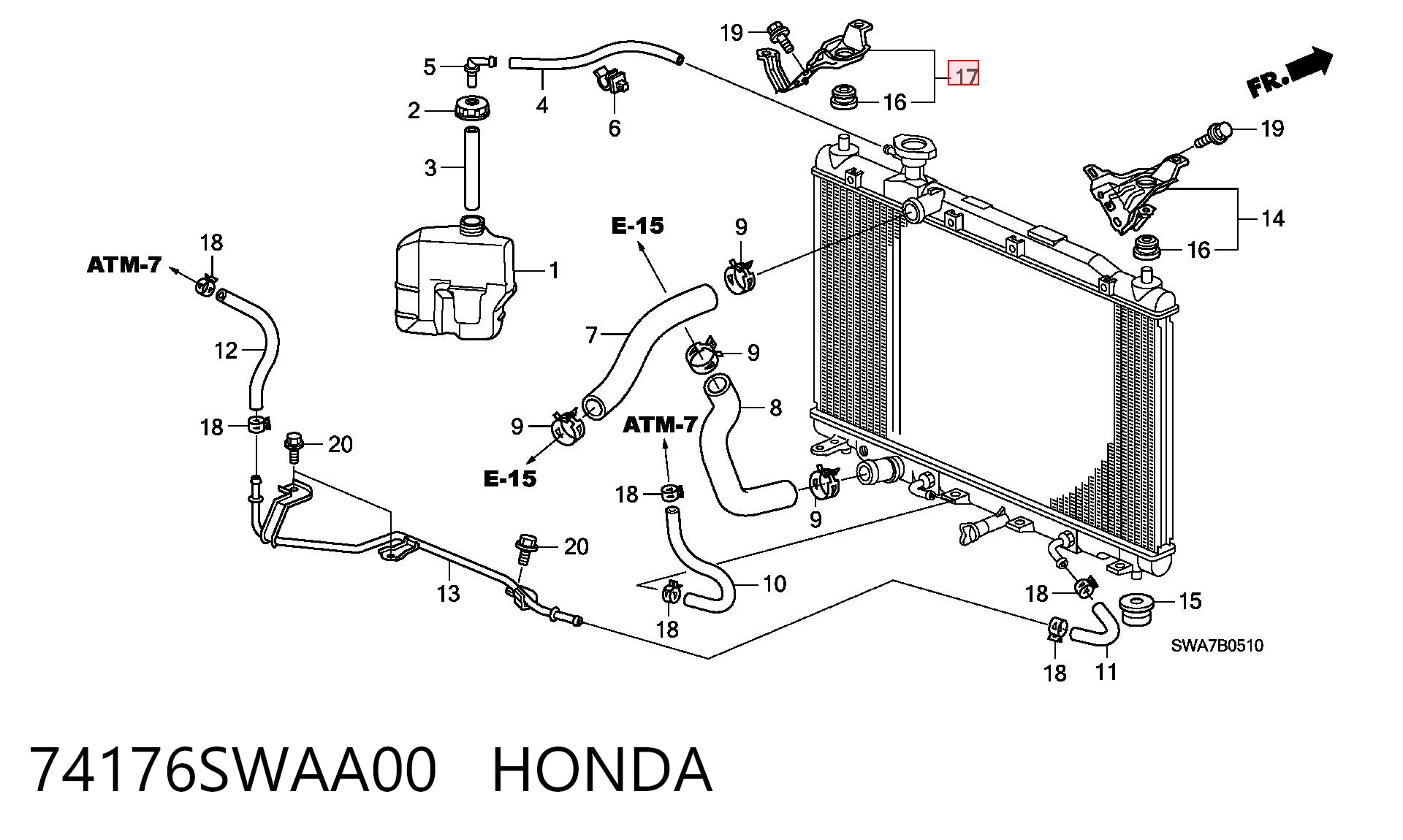 74176SWAA00 Honda Кронштейн радиатора верхний правый