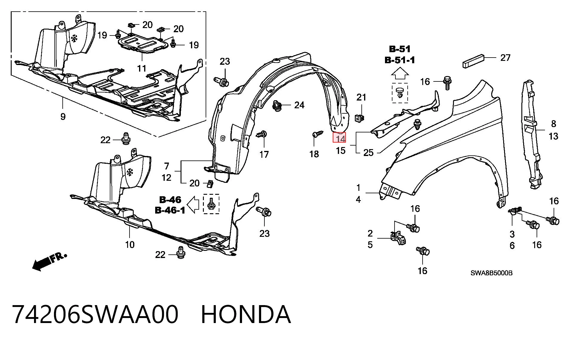 74206SWAA00 Honda Кронштейн крепления крыла  переднего правого верхний