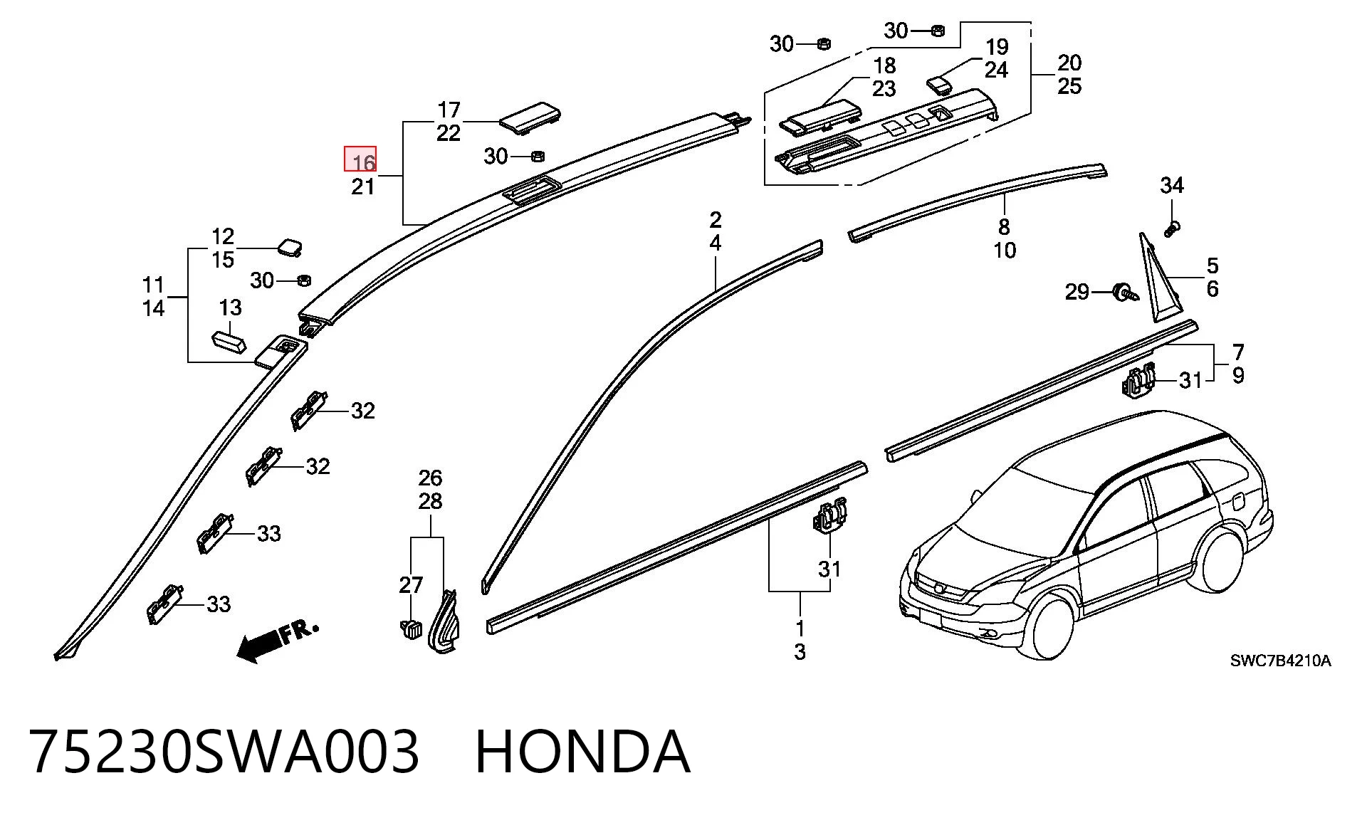75230SWA003 Honda Молдинг крыши передний правый