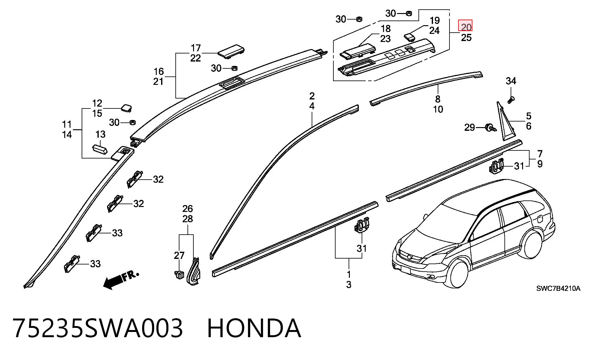 75235SWA003 Honda Молдинг крыши задний правый