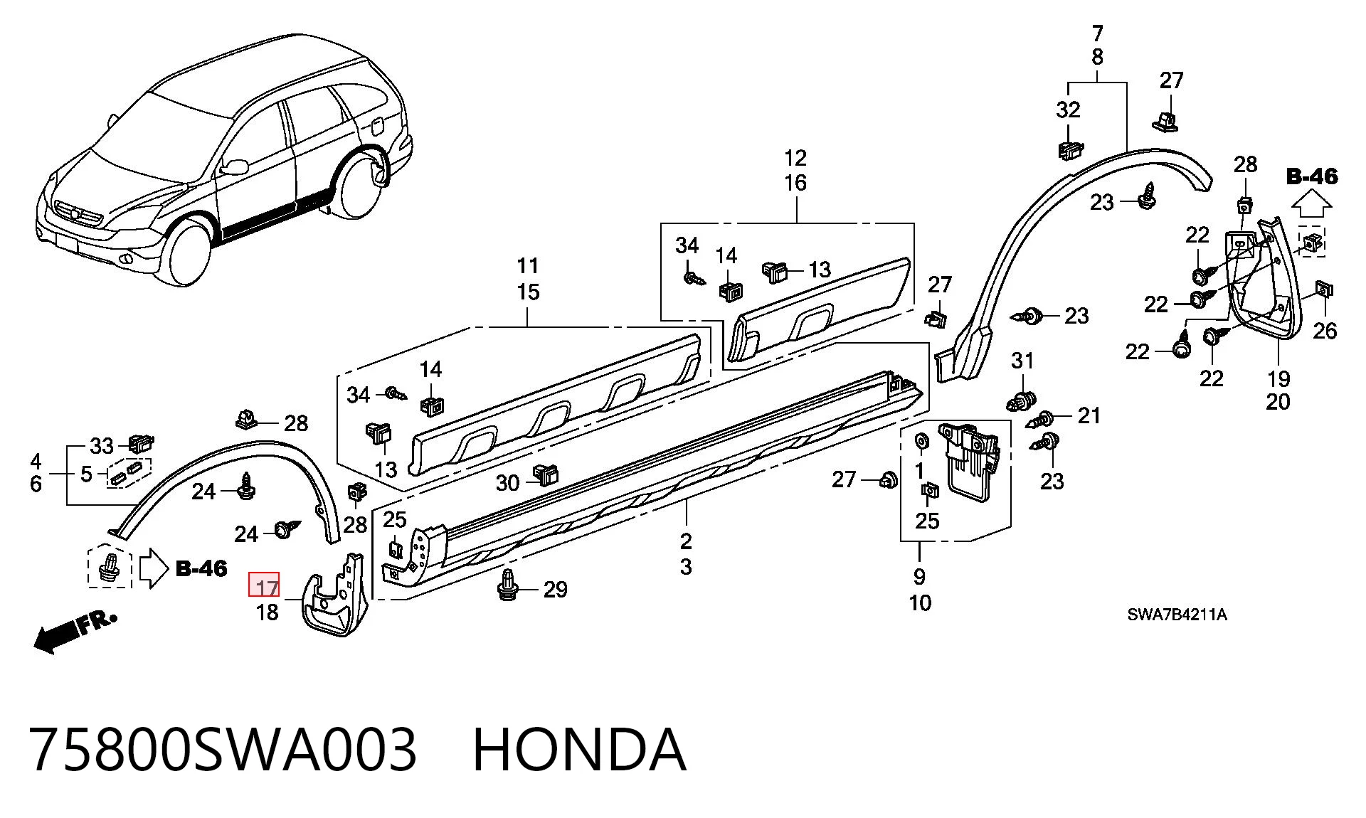 75800SWA003 Honda Брызговик передний правый