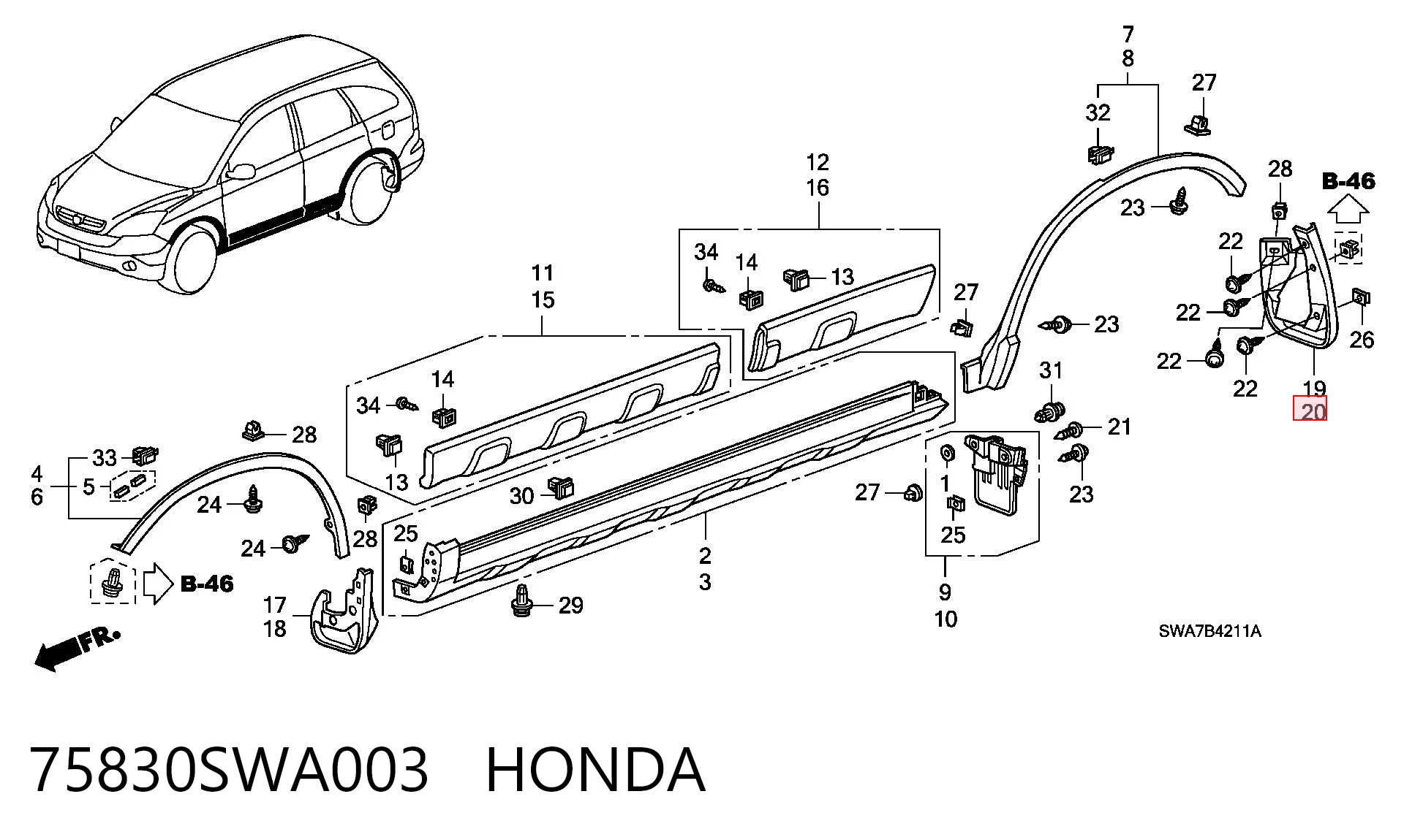 75830SWA003 Honda Брызговик задний левый