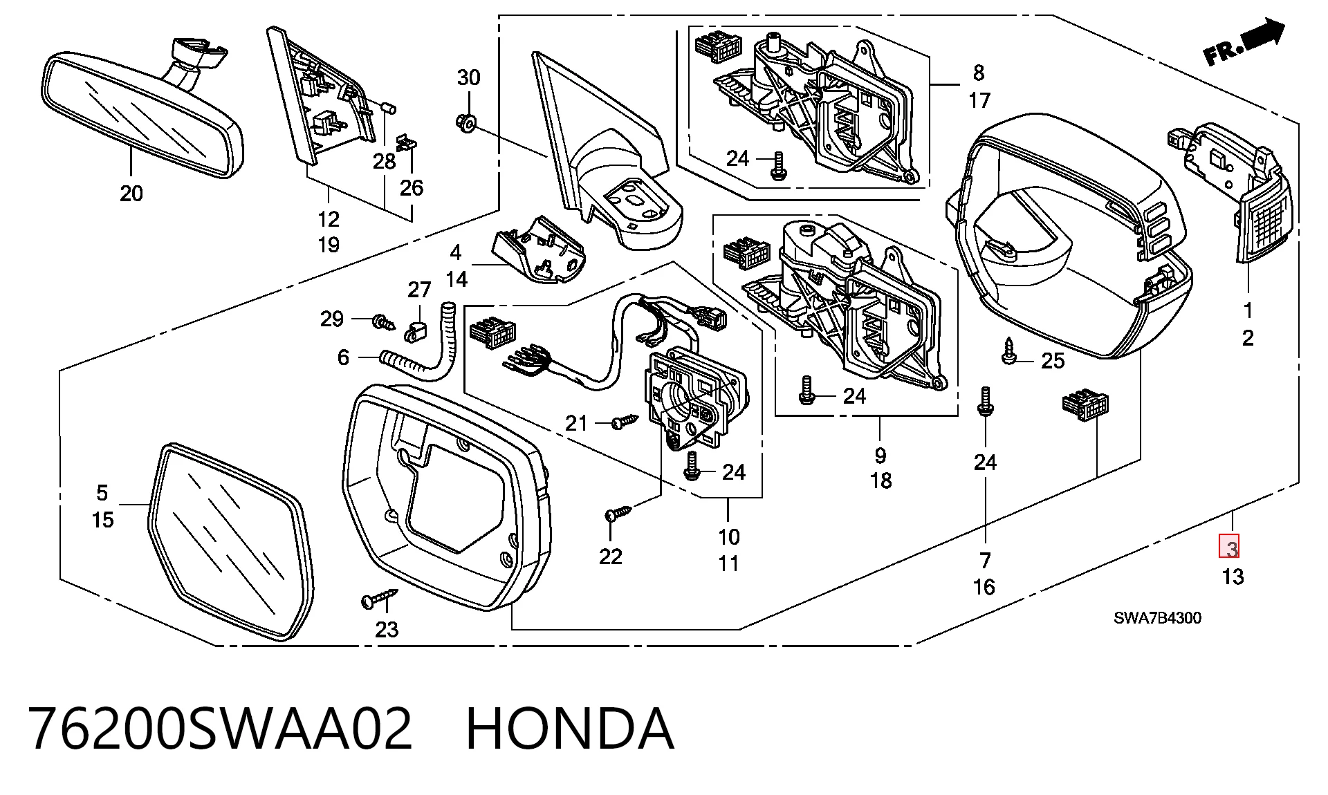 76200SWAA02 Honda Зеркало заднего вида правое
