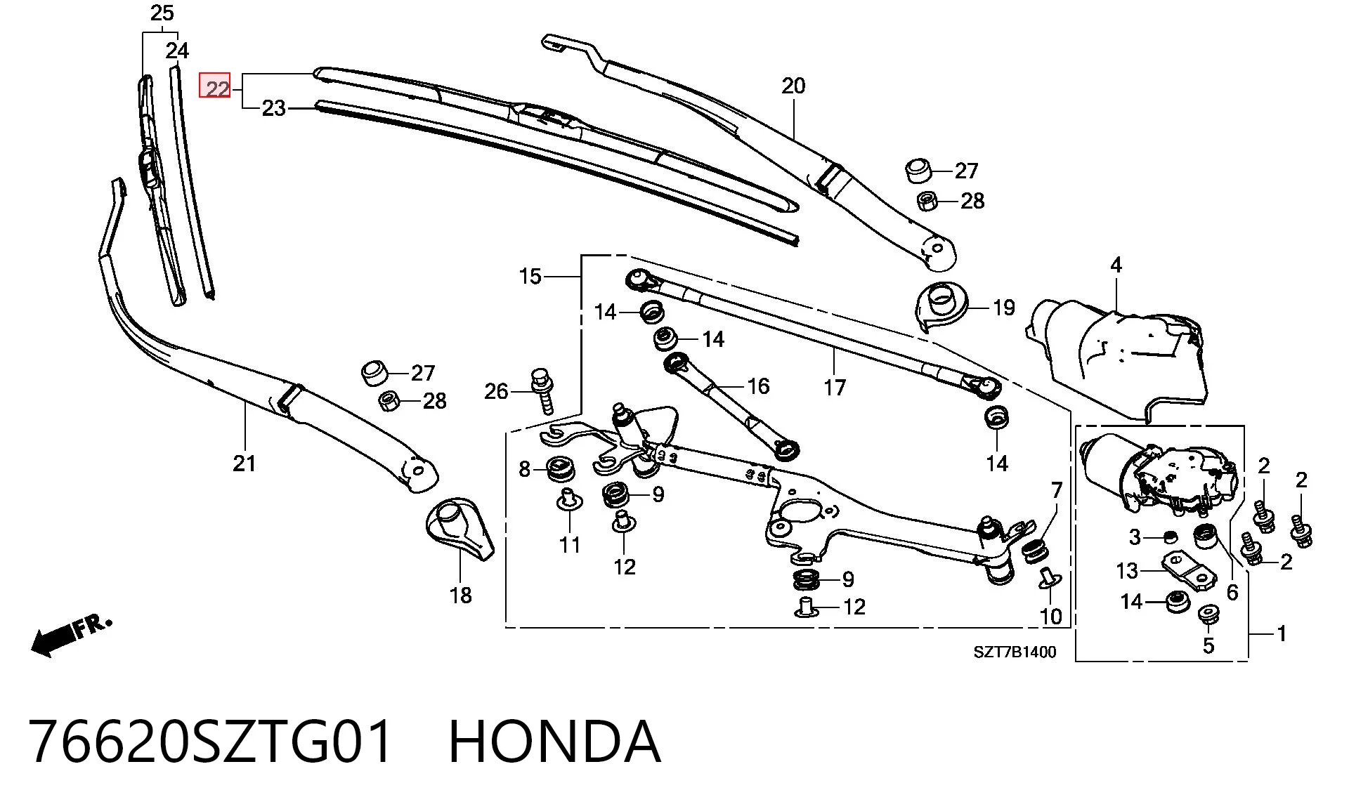 76620SZTG01 Honda Щетка стеклоочистителя лобового стекла, пассажирская