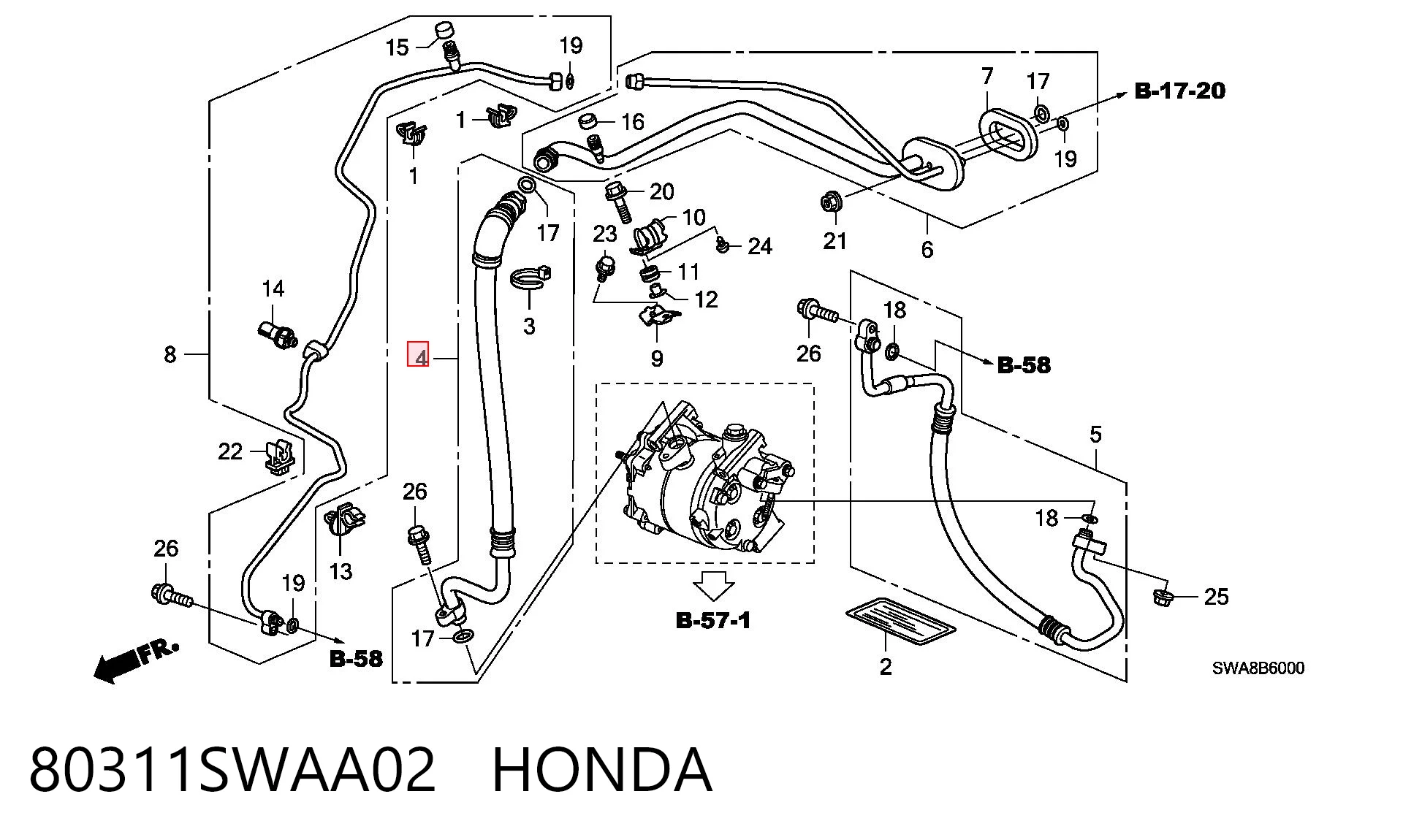 80311SWAA02 Honda Шланг кондиционера, от испарителя к компрессору
