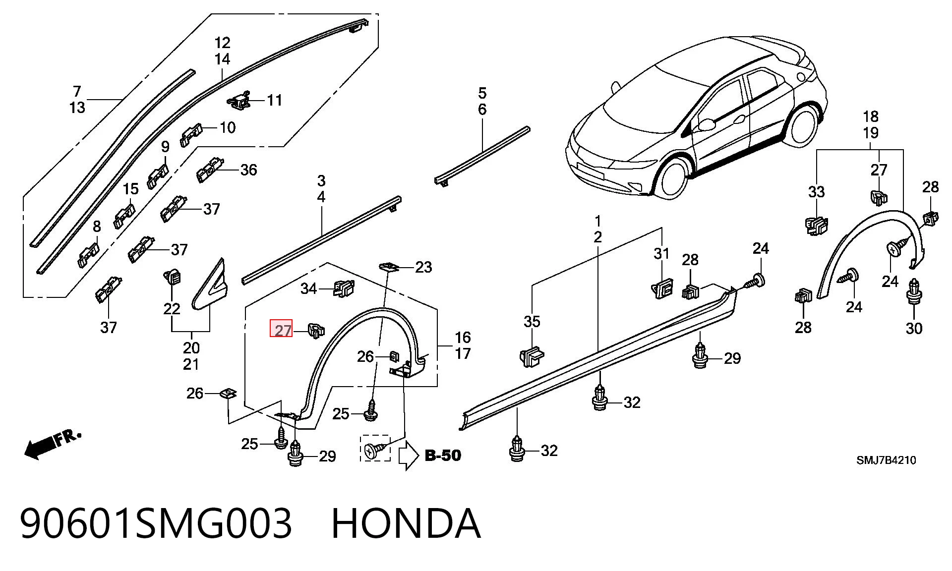90601SMG003 Honda Клипса молдинга крыла