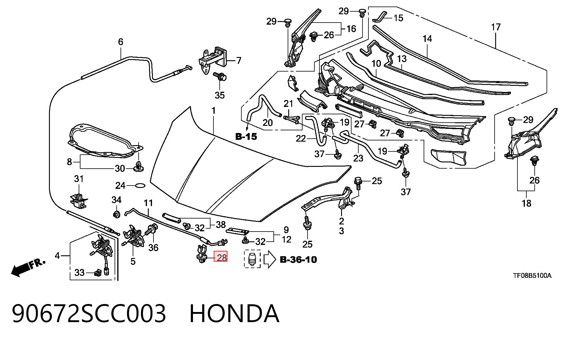 90672SCC003 Honda Фиксатор упора капота