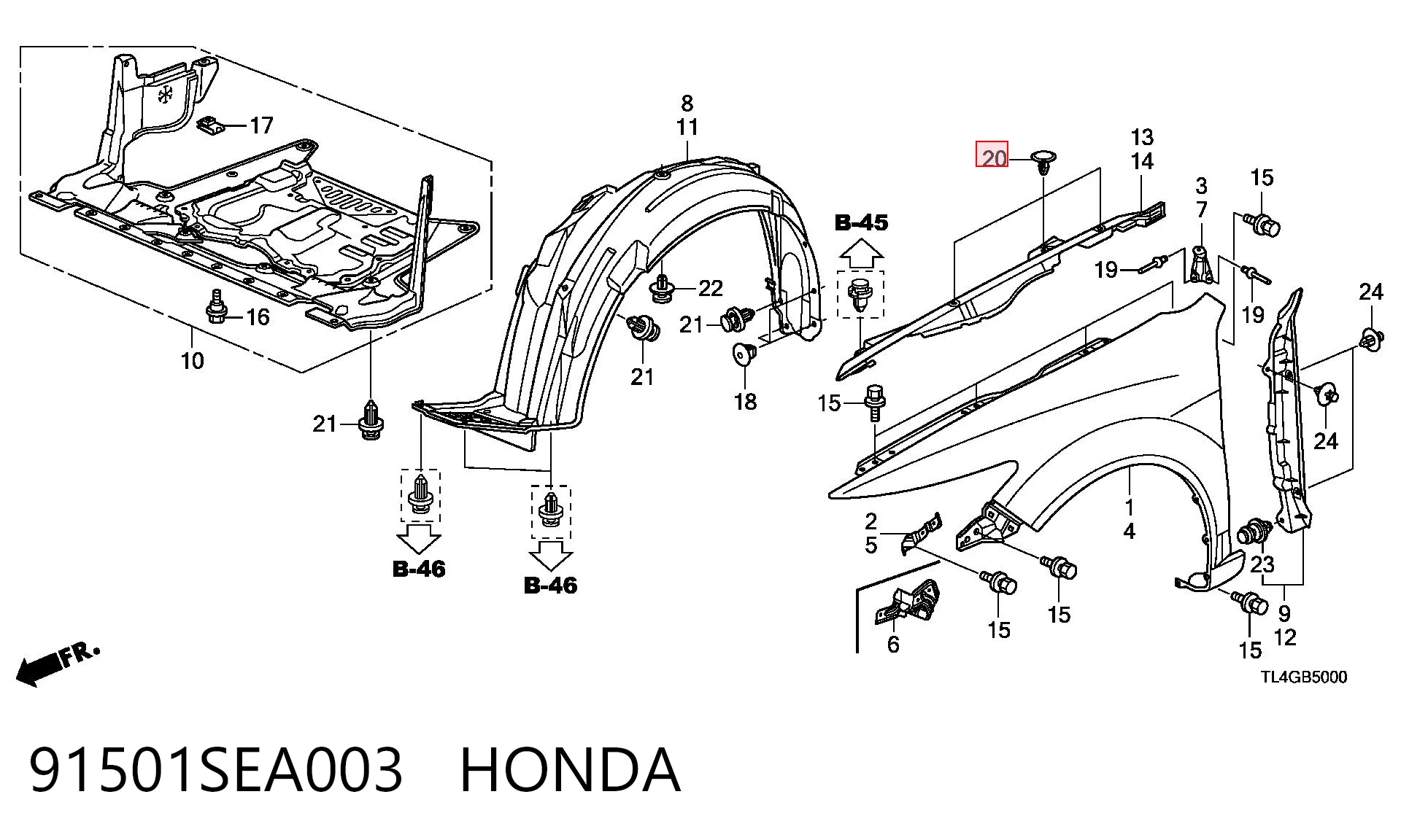 91501SEA003 Honda Клип крепления подкрылка переднего крыла