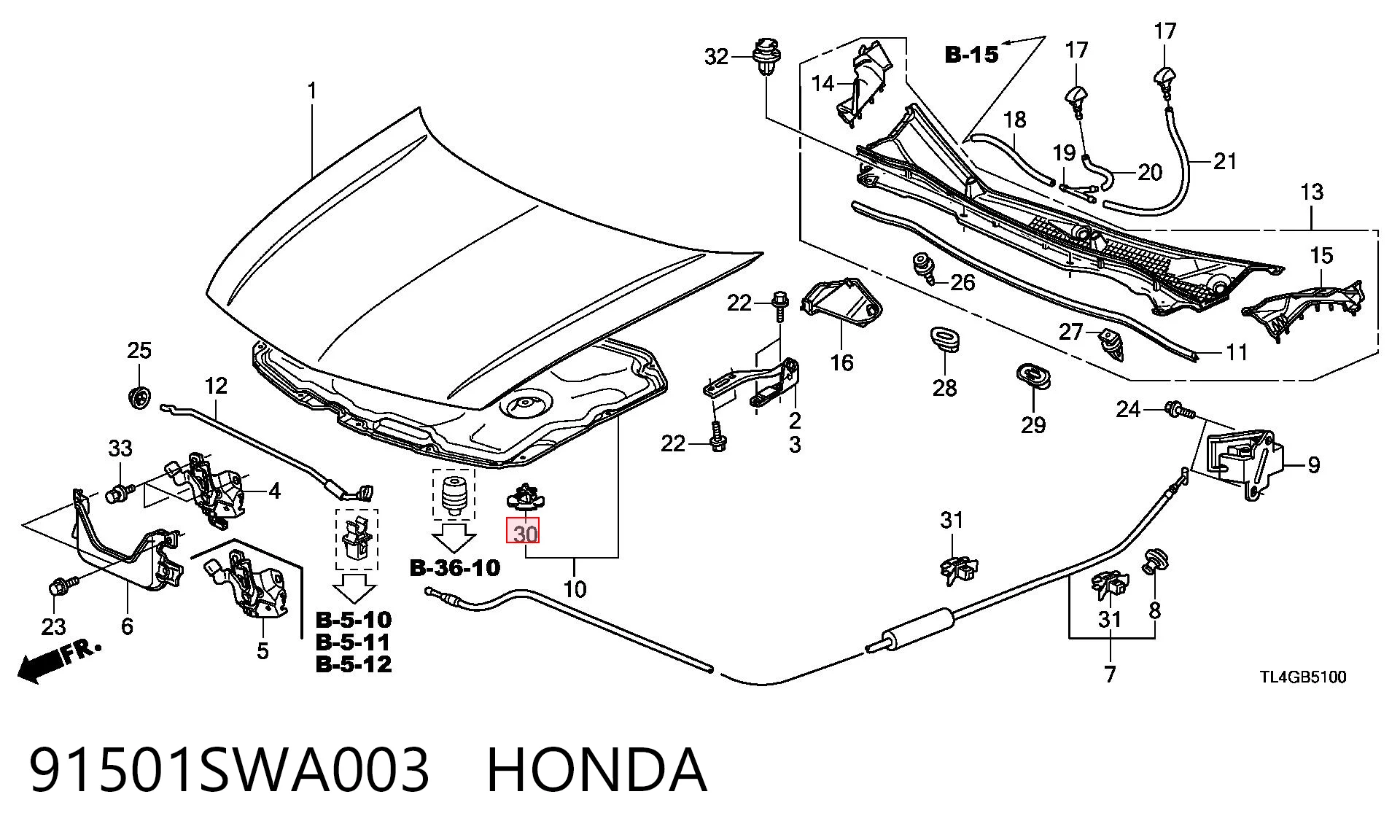 91501SWA003 Honda Крепление утеплителя капота