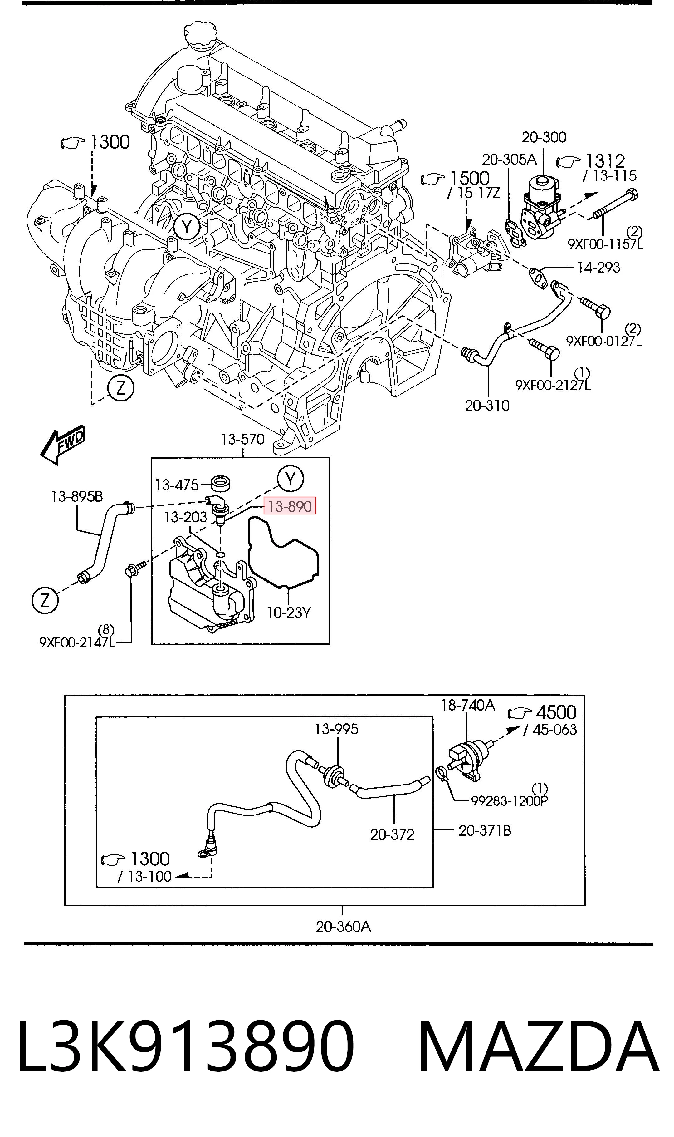 L3K913890 Mazda Клапан PCV вентиляции картера