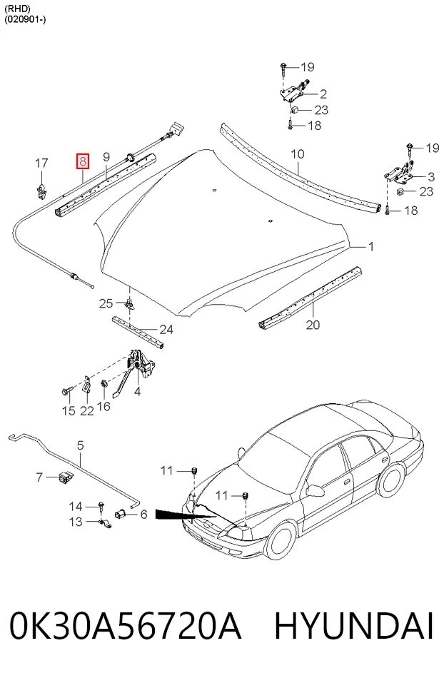 Трос открытия капота на KIA Rio I DC