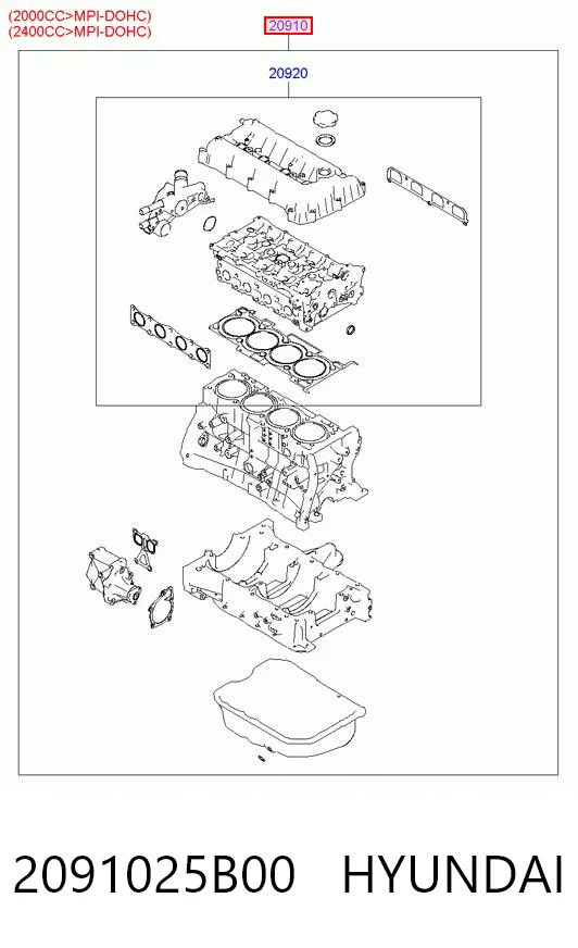 2091025B00 Hyundai/Kia Комплект прокладок на двигатель