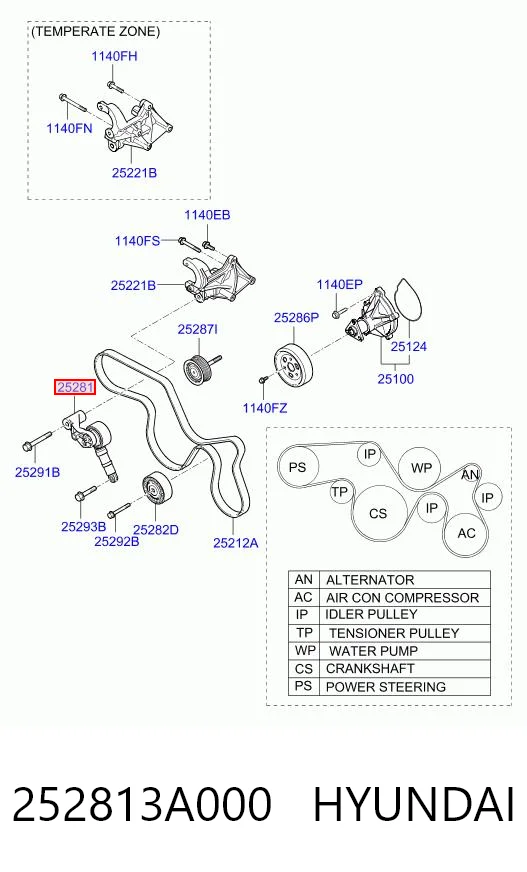 252813A000 Hyundai/Kia Натяжитель клинового ремня