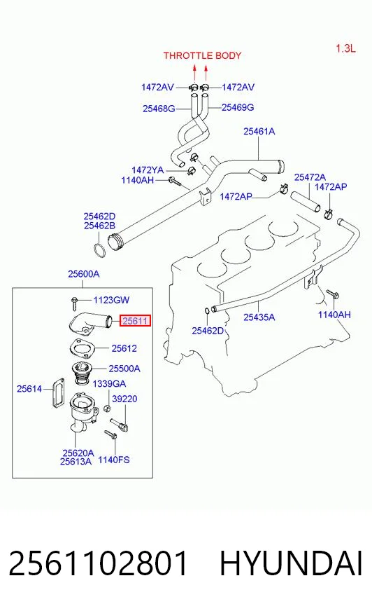 2561102801 Hyundai/Kia Тройник системы охлаждения
